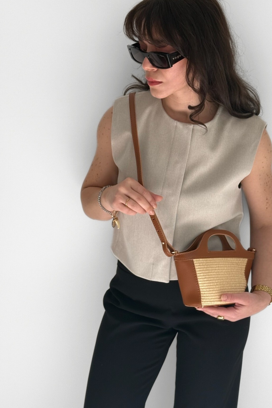 Willow Suni Deri Detaylı Çapraz Kullanımlı Mini Hasır El ve Omuz Çantası - taba