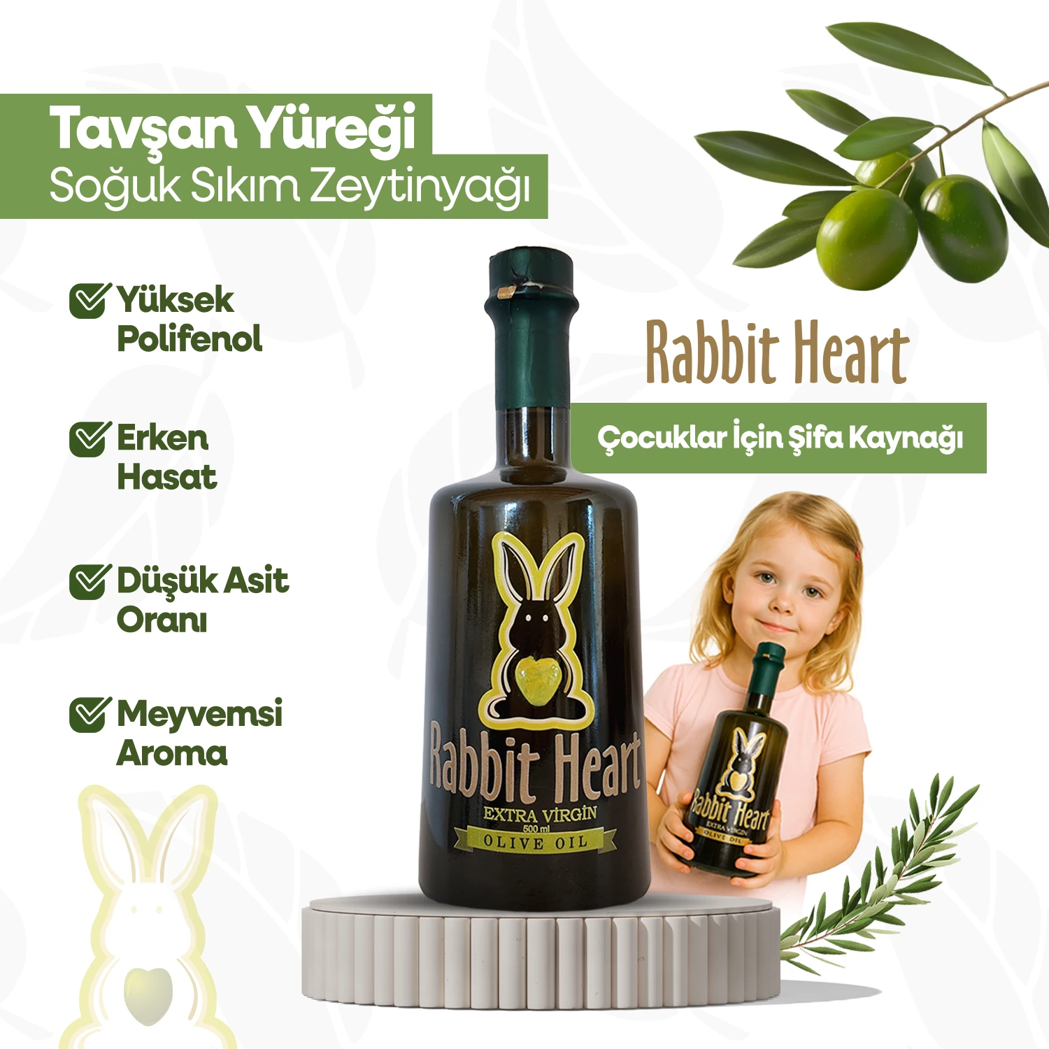 Tavşan Yüreği Soğuk Sıkım Erken Hasat Zeytinyağı - 500 mL