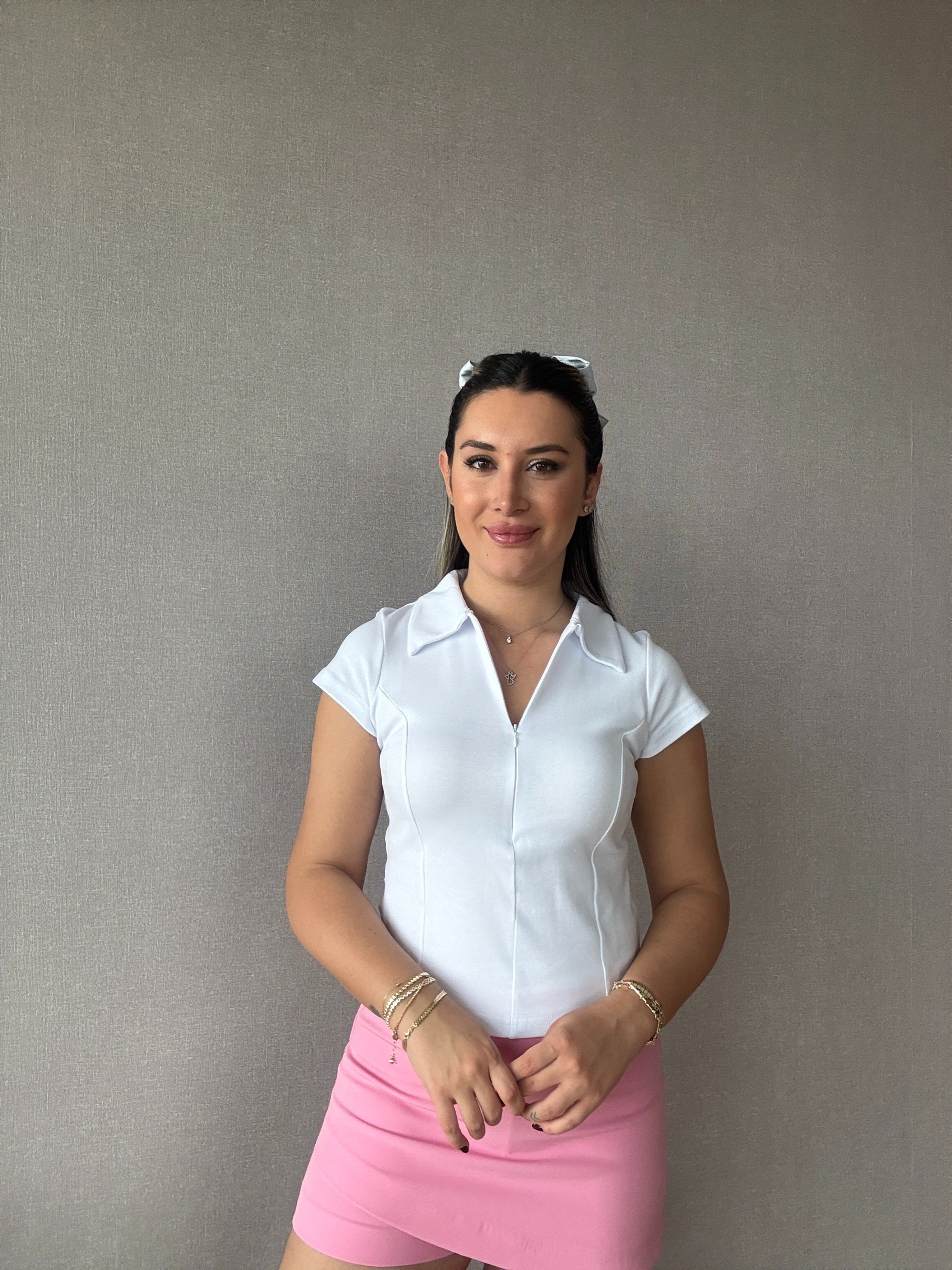 Polo Yaka Fermuarlı Tişört - Beyaz