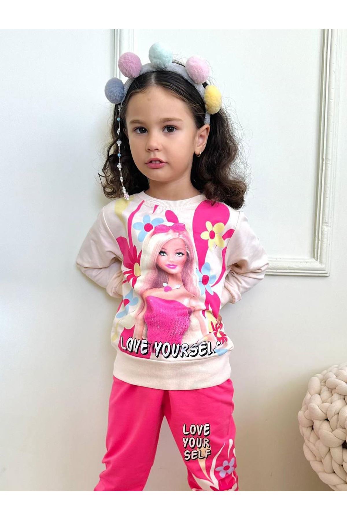 PJK2İ Barbie Desenli Fuşya 2 İp %100 Pamuk Kız Çocuk Eşofman Takımı 3-10 Yaş 7285-F