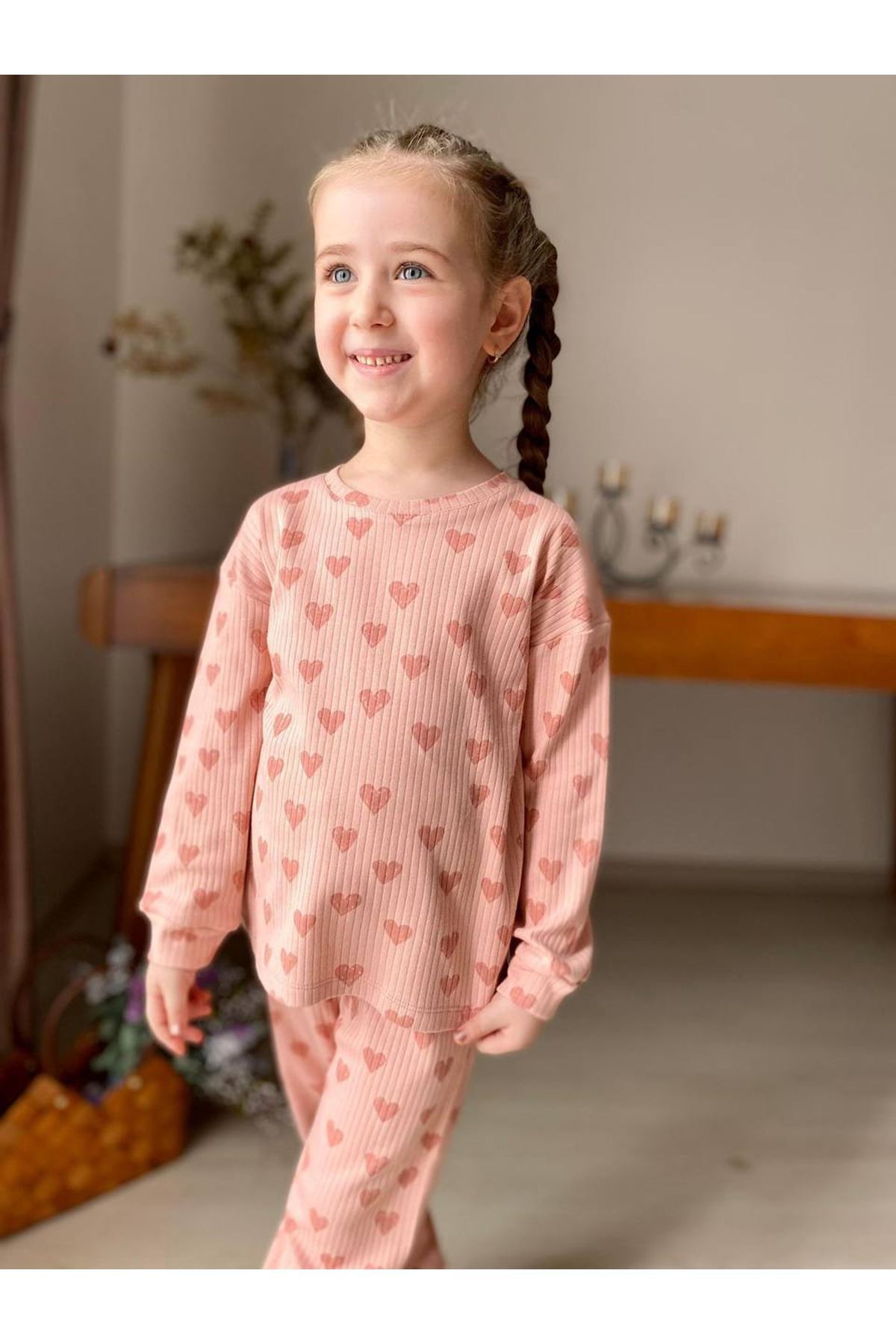İSOB Pudra Kalp Desenli Fitilli Kumaş %100 Pamuk Kız Çocuk Pijama Takımı 3-8 Yaş 31218-P