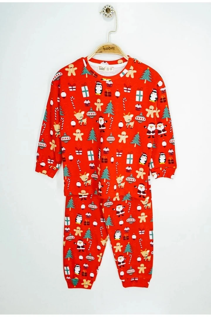 İSOB Kırmızı Yeni Yıl Desenli İnterlok %100 Pamuk Unisex Kız ve Erkek Çocuk Pijama Takımı 3-13 Yaş 42226-K