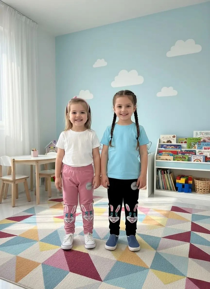 İSOB Tavşan Nakışlı 2 Adet Penye Kız Çocuk Tayt 32601 - GÜL KURUSU-SİYAH