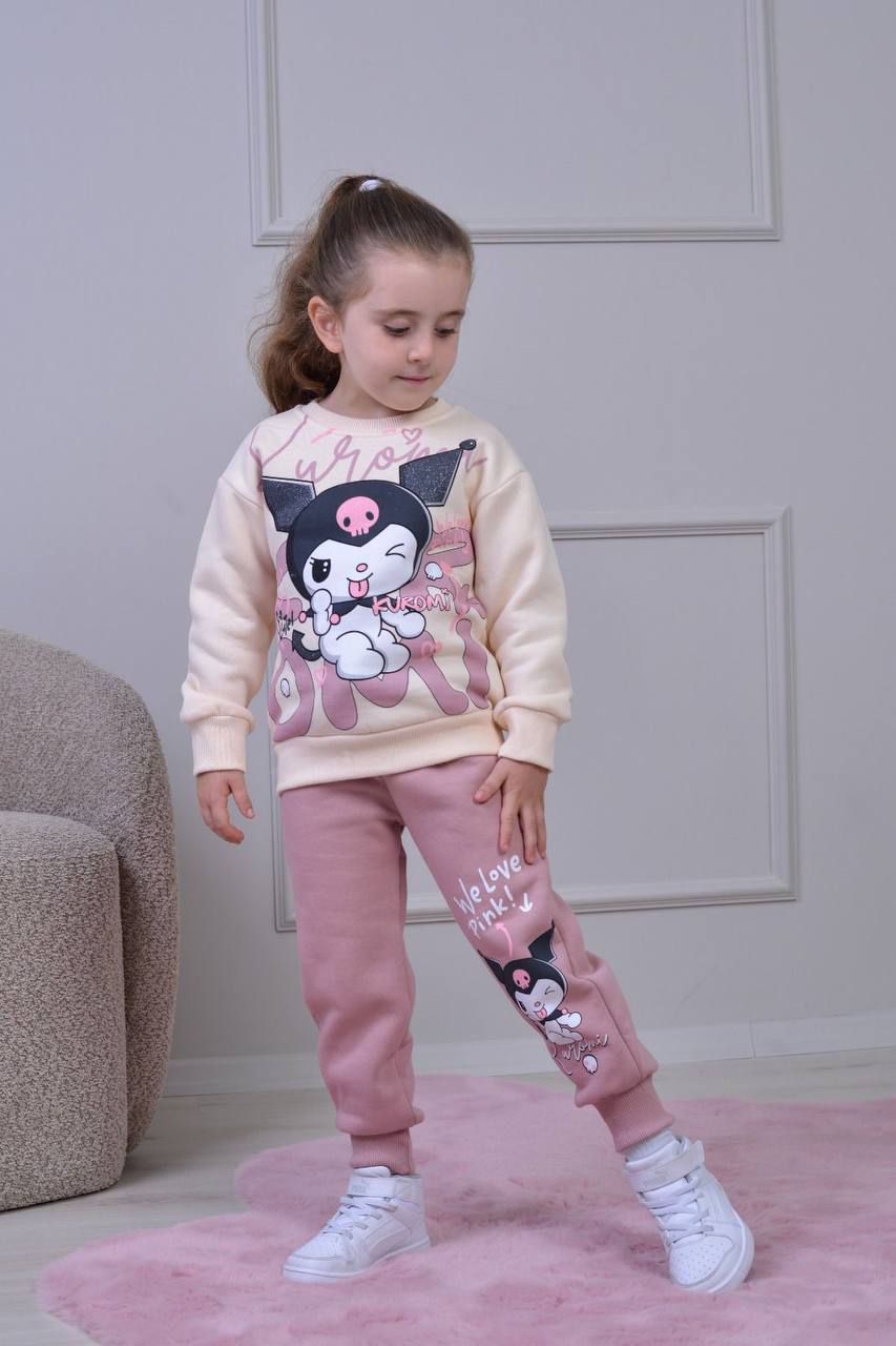 PJK3İ Kuromi Desenli 3 İp Şardonlu %100 Pamuk Kız Çocuk Eşofman Takımı 3-10 Yaş 8250 - GÜL KURUSU
