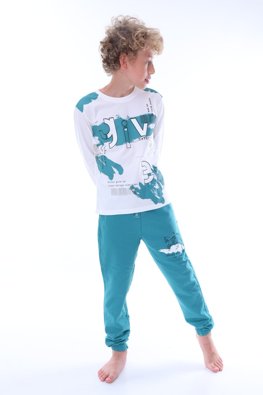 İSOBGİV Give Desenli %100 Pamuk Erkek Çocuk Pijama Takımı 3-8 Yaş 24037 - YEŞİL