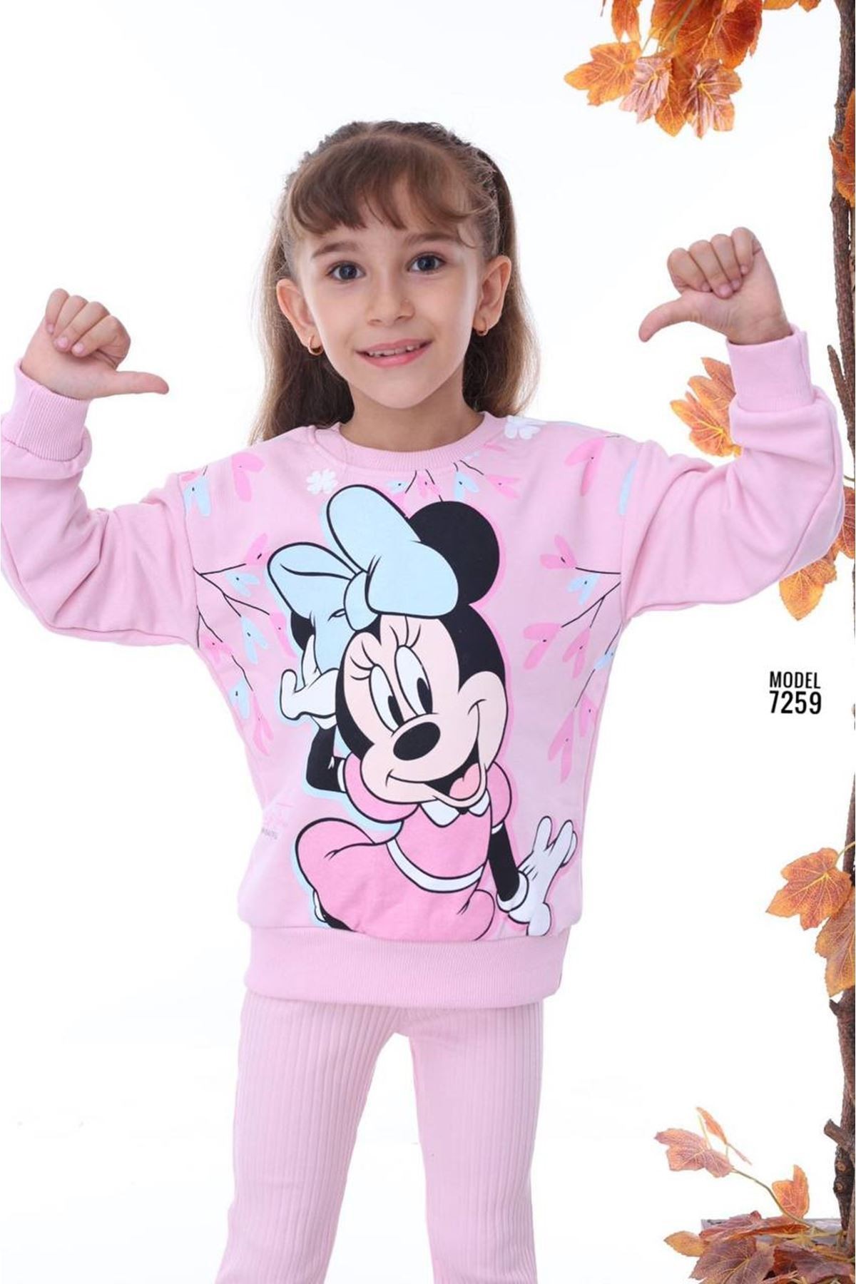 PJK2İ Minnie Desenli Pembe Fitilli Taytlı 2 İp %100 Pamuk Kız Çocuk Takımı 3-10 Yaş 7259-P