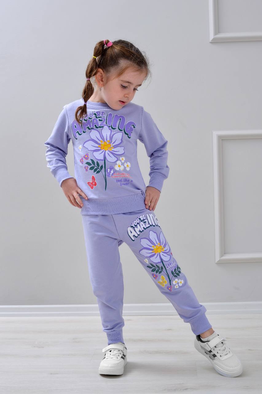 PJK2İ Amazıng Çiçek Desenli 2 İp %100 Pamuk Kız Çocuk Eşofman Takımı 3-10 Yaş 6411 - LİLA