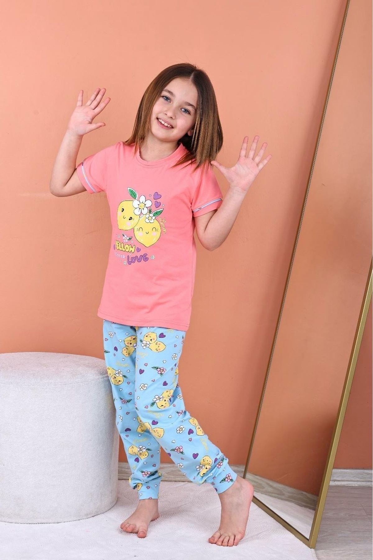 KAPİP Nar Çiçeği Limon Baskılı Kısa Kollu Kız Çocuk Pijama Takımı 11-15 Yaş 8033-N