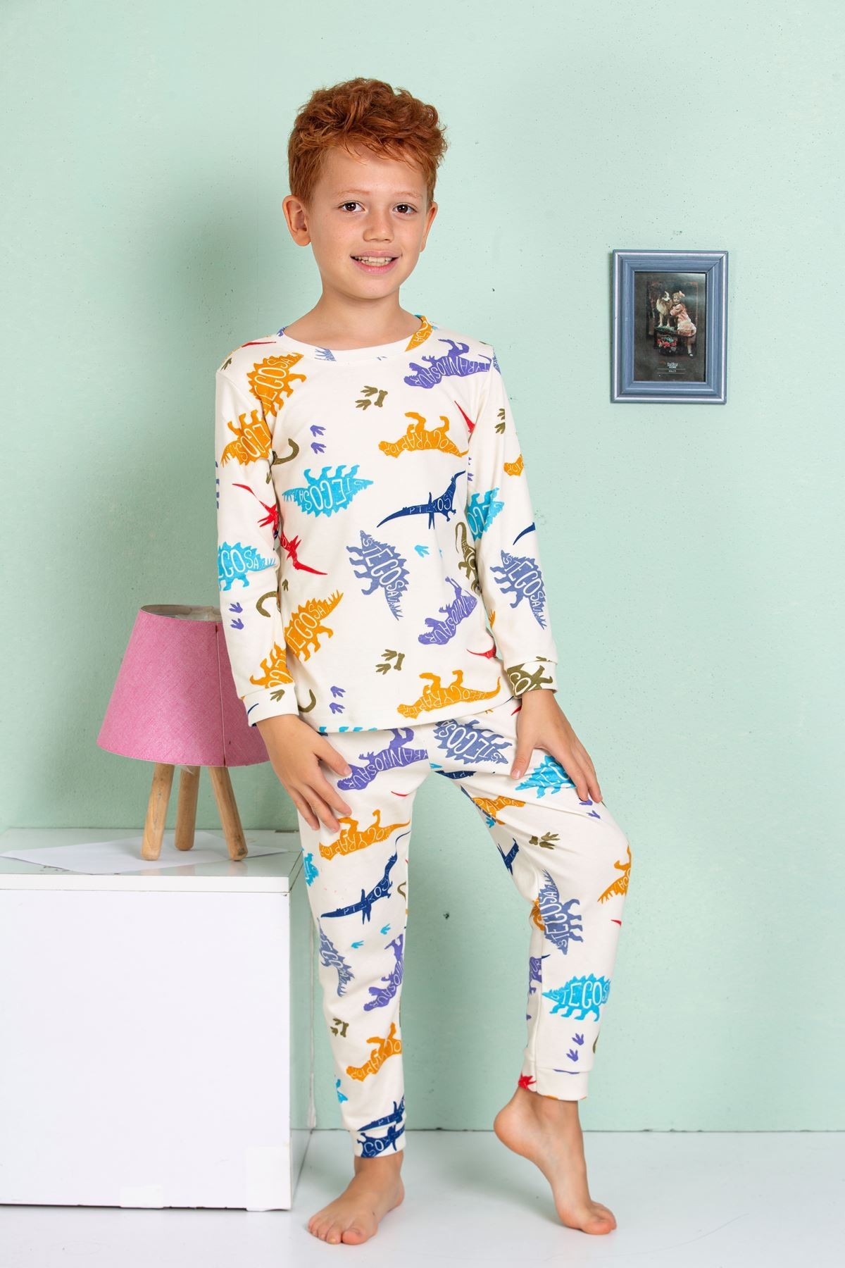ELMP Krem Dinazor Desenli %100 Pamuk Erkek Çocuk Pijama Takımı 1-13 Yaş 3062
