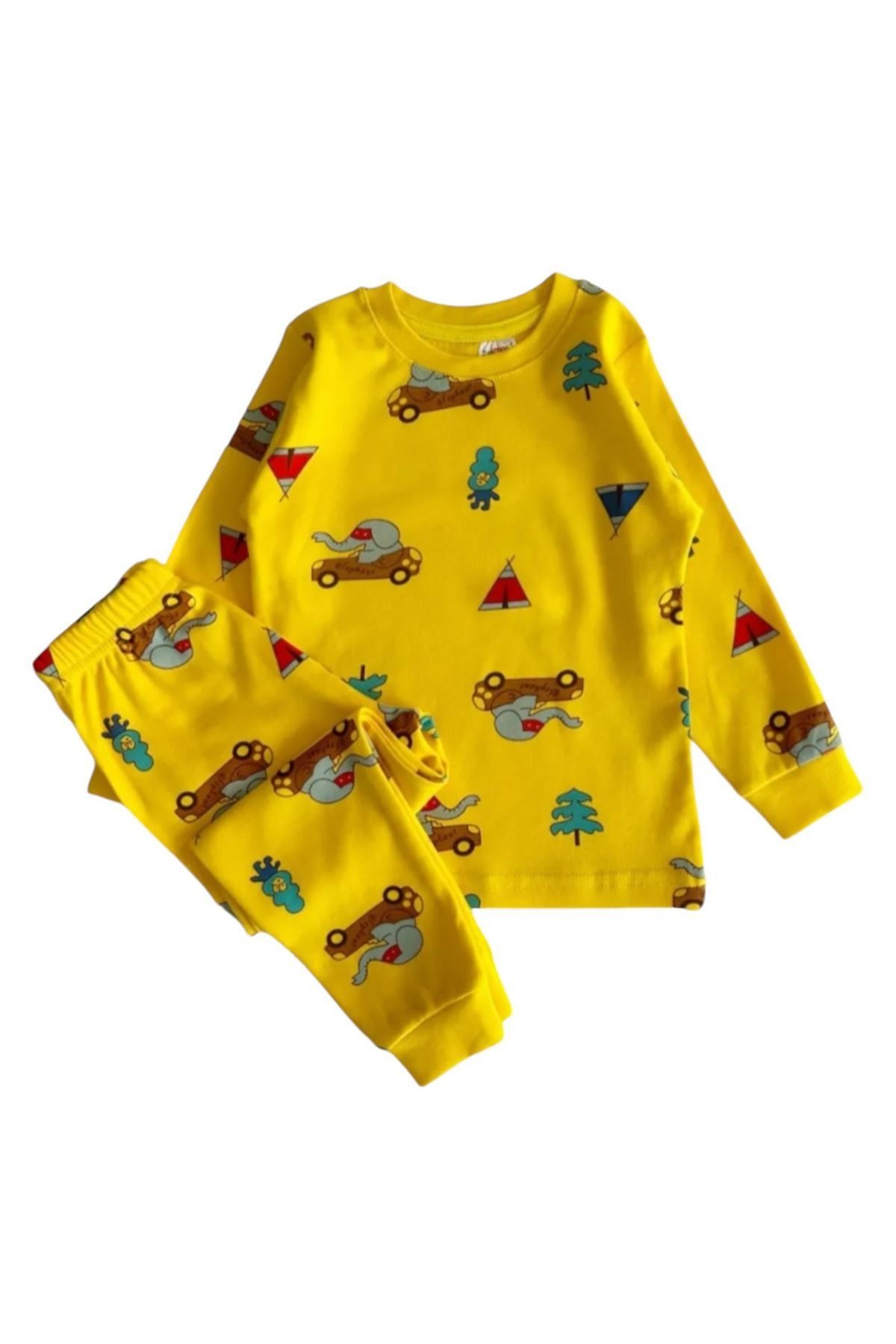 ELMP Sarı Arabalı Fil Desenli %100 Pamuk Erkek Çocuk Pijama Takımı 1-13 Yaş 3053