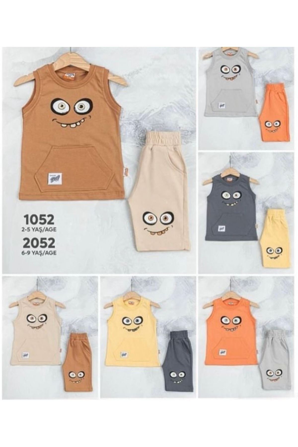 MK Emojili Sıfır Kollu  Şortlu Erkek Çocuk Kısa Kol Takım Sarı 6-9 Yaş 2052-S