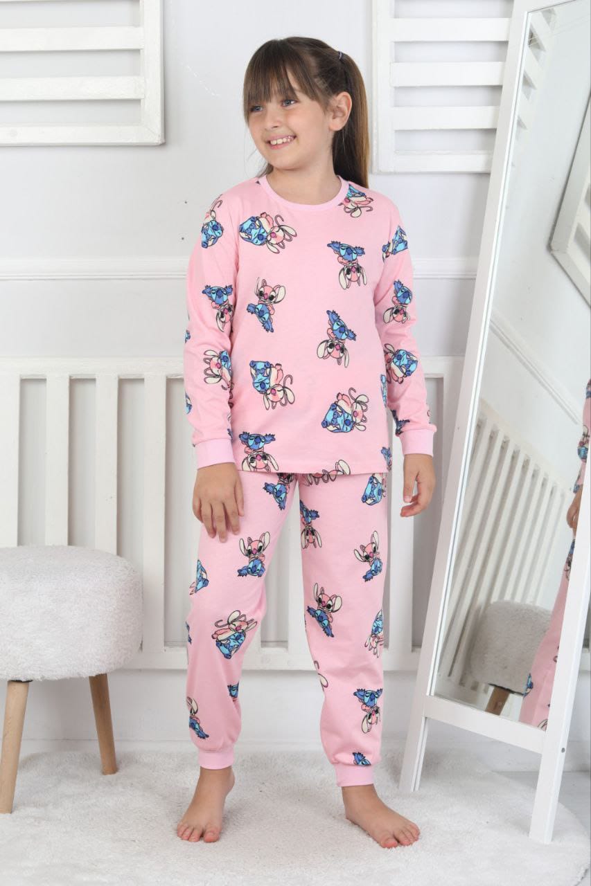 İSOB Pembe Stittcch Desenli İnterlok %100 Pamuk Kız Çocuk Pijama Takımı 3-13 Yaş 51231-51423