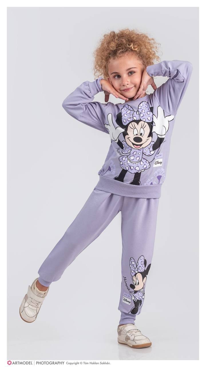 PJK2İ Minnie Mause Desenli 2 İp %100 Pamuk Kız Çocuk Eşofman Takımı 3-10 Yaş 8113 - LİLA