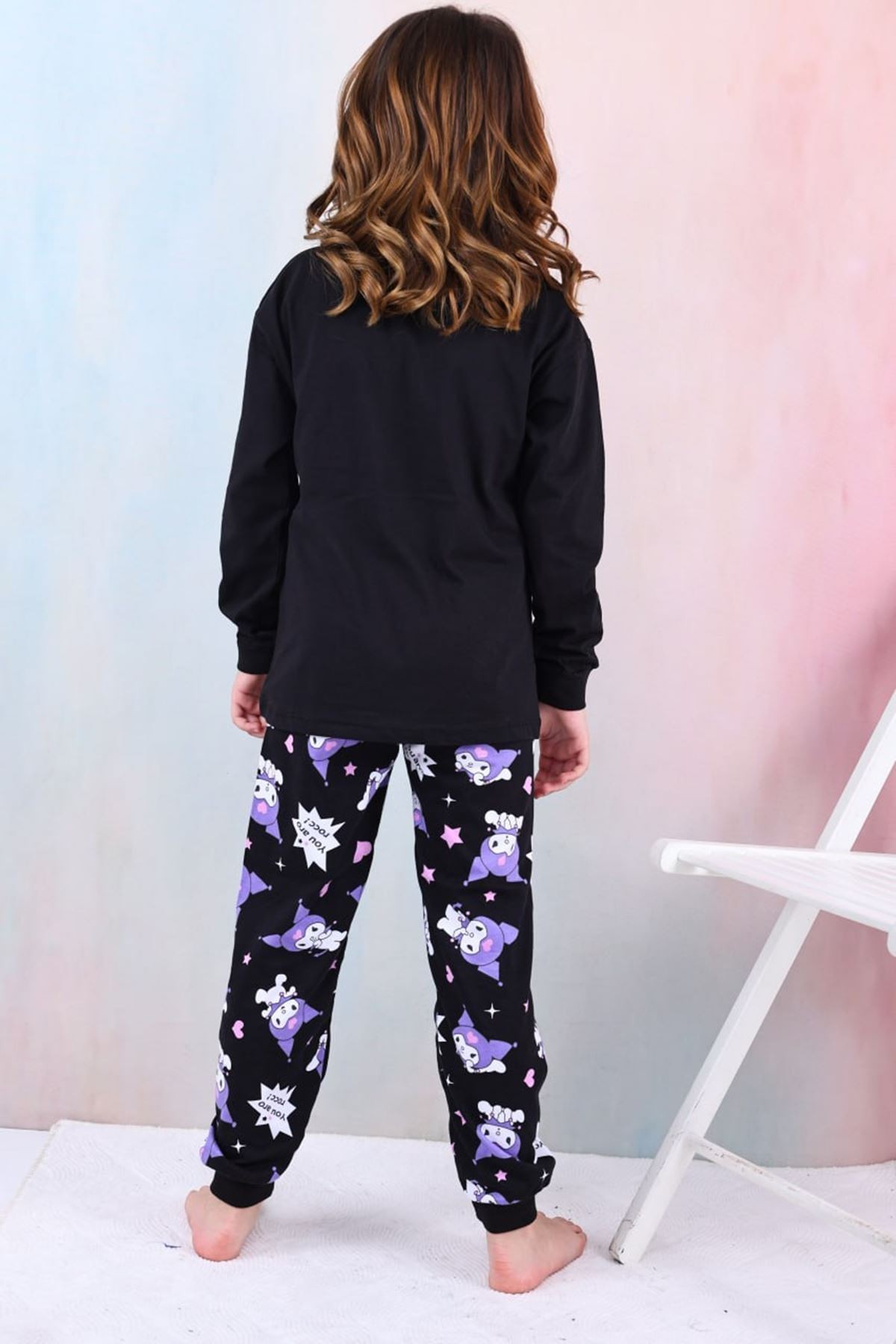 İSOB Siyah Kuromi Desenli %100 Pamuk Kız Çocuk Pijama Takımı 3-13 Yaş 41203-41402-S
