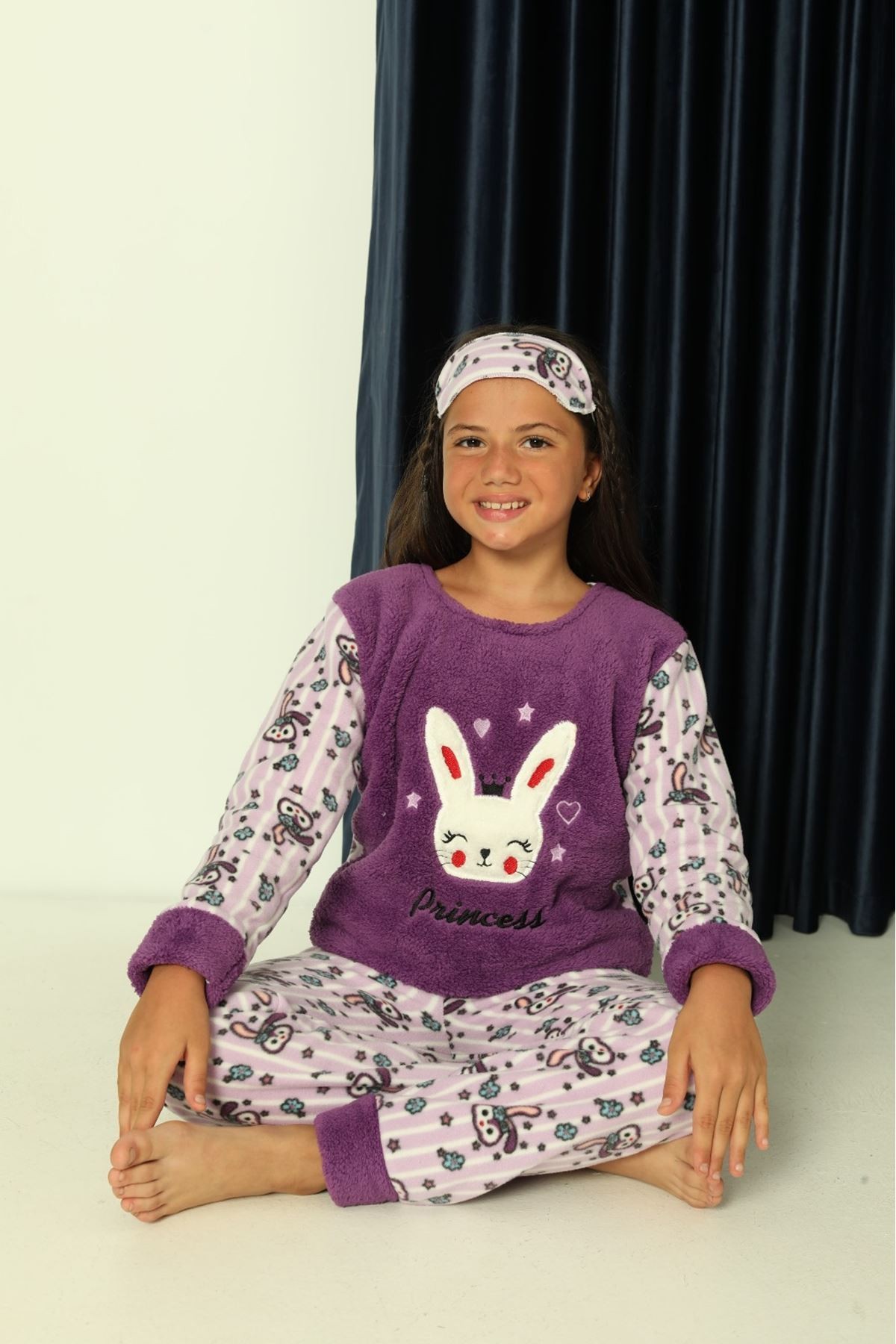 MİNİM Mor Tavşanlı Polar Kız Çocuk Pijama Takımı 5-16 Yaş 6064-M