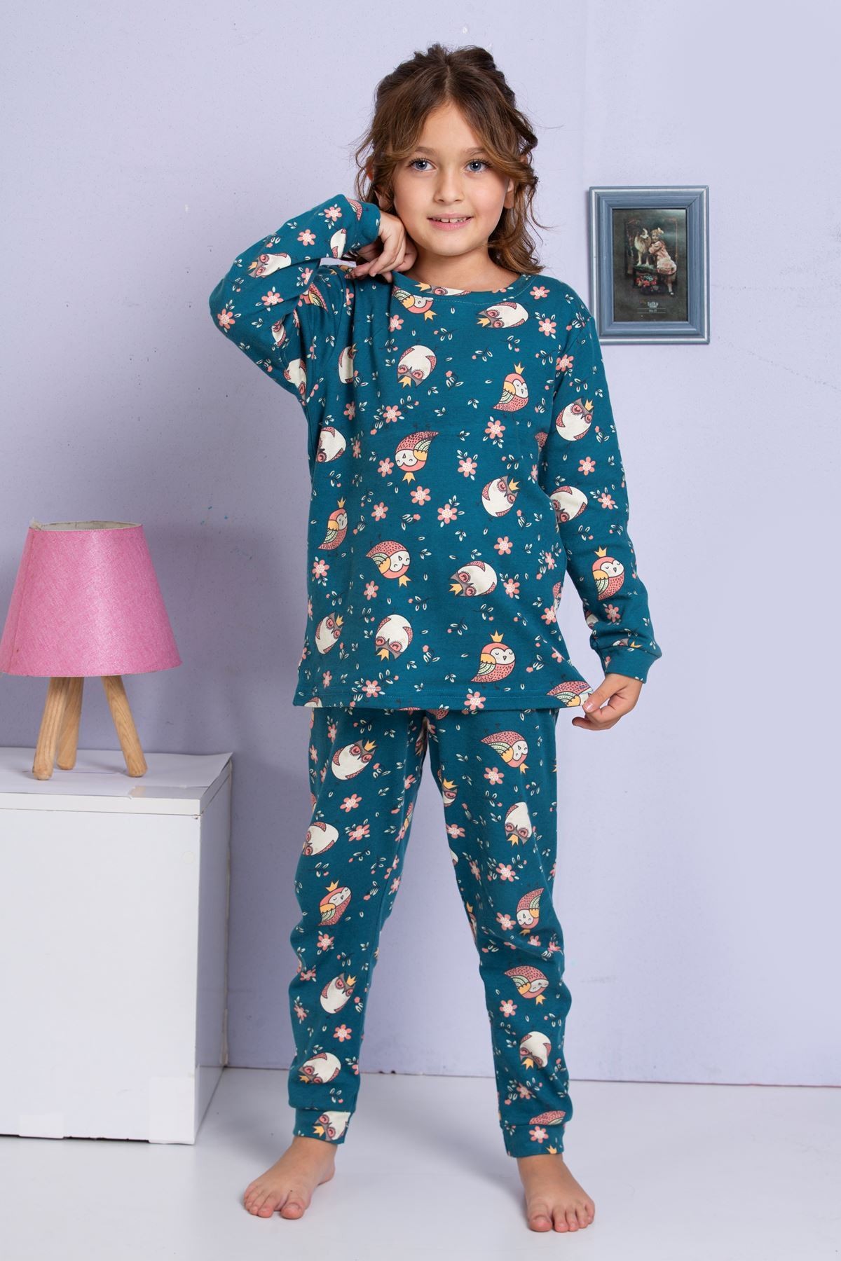 ELMP Lacivert Baykuş Desenli %100 Pamuk Kız Çocuk Pijama Takımı 1-13 Yaş 4057