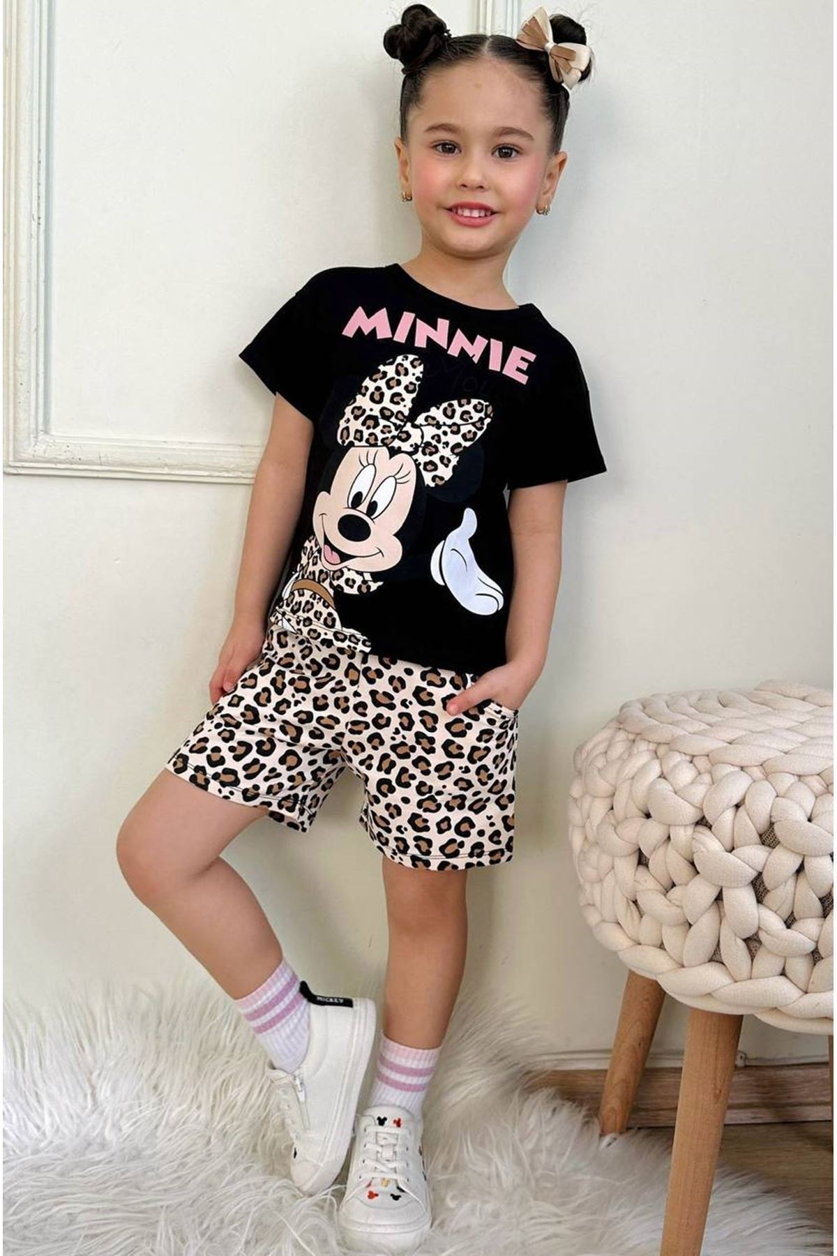 PJKSKT Minnie Mause Desenli Siyah Şortlu Kız Çocuk Kısa Kol Takım 7570-S