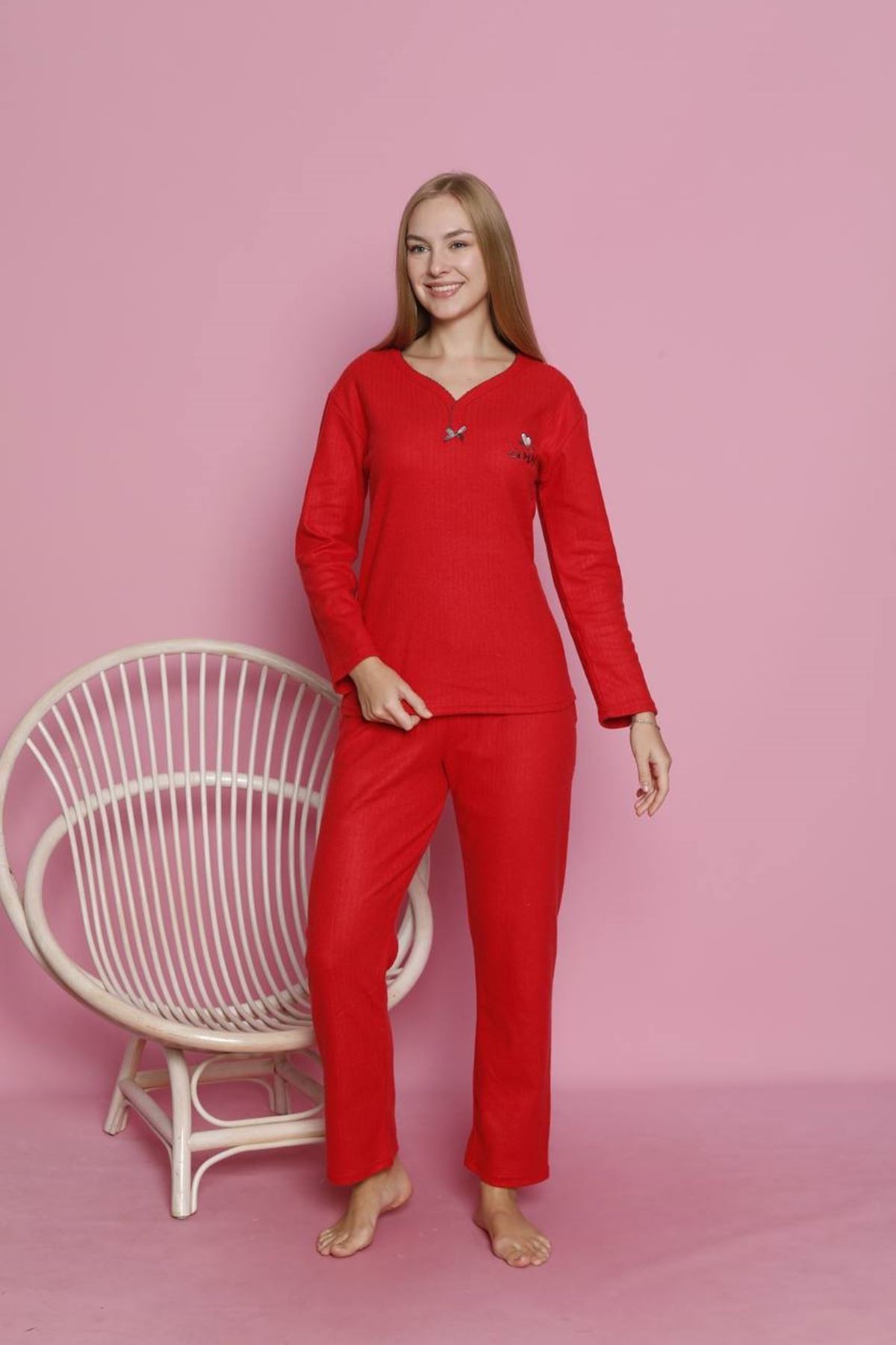MLALE Kırmızı Kalın Raporlu İnterlok Bayan Pijama Takımı 3212
