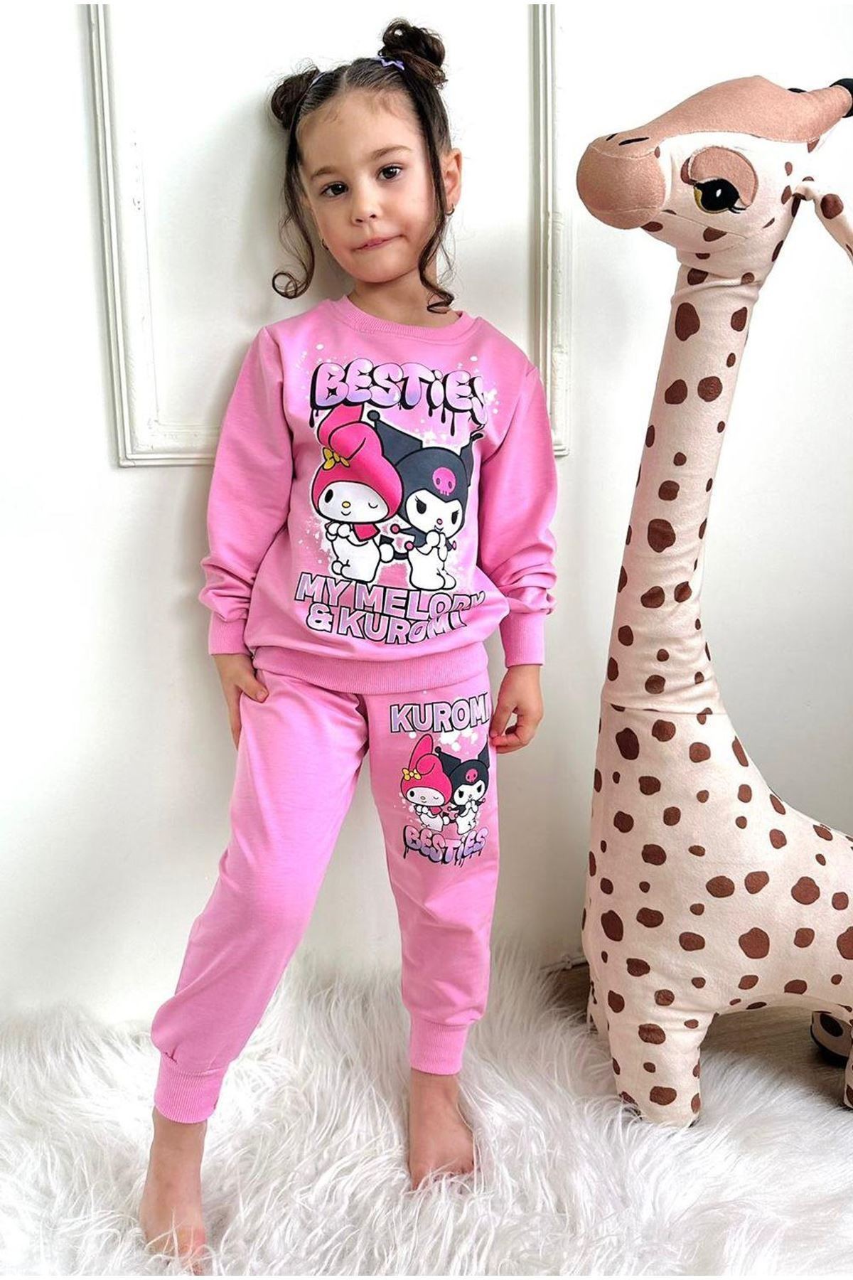 2PJK2İ Kuromi Desenli Pembe 2 İp %100 Pamuk Kız Çocuk Eşofman Takımı 3-10 Yaş 7278-P