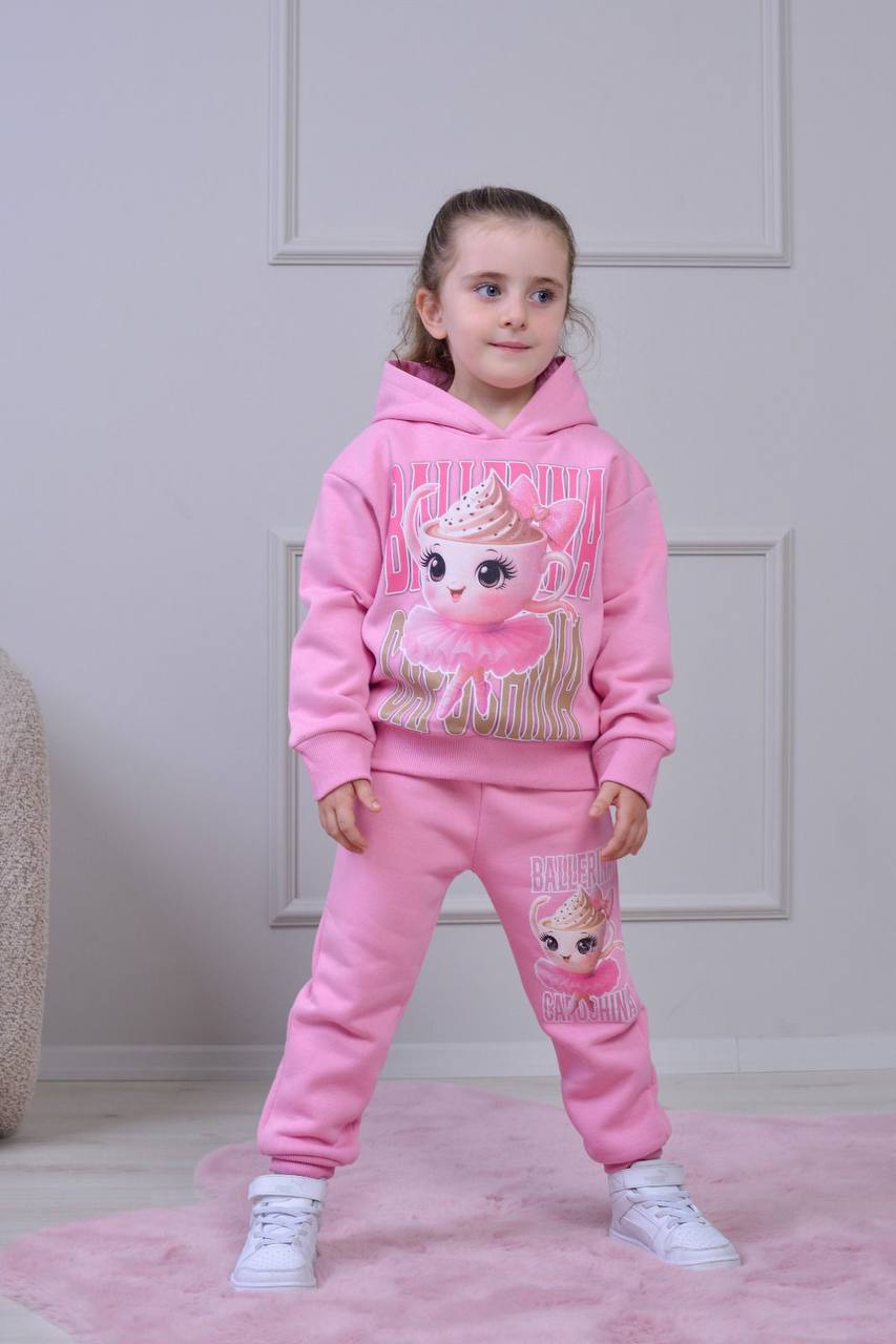 PJK3İ Balarina Capicino Kız Desenli 3 İp Şardonlu Kapşonlu %100 Pamuk Kız Çocuk Eşofman Takımı 3-10 Yaş 8252 - PEMBE