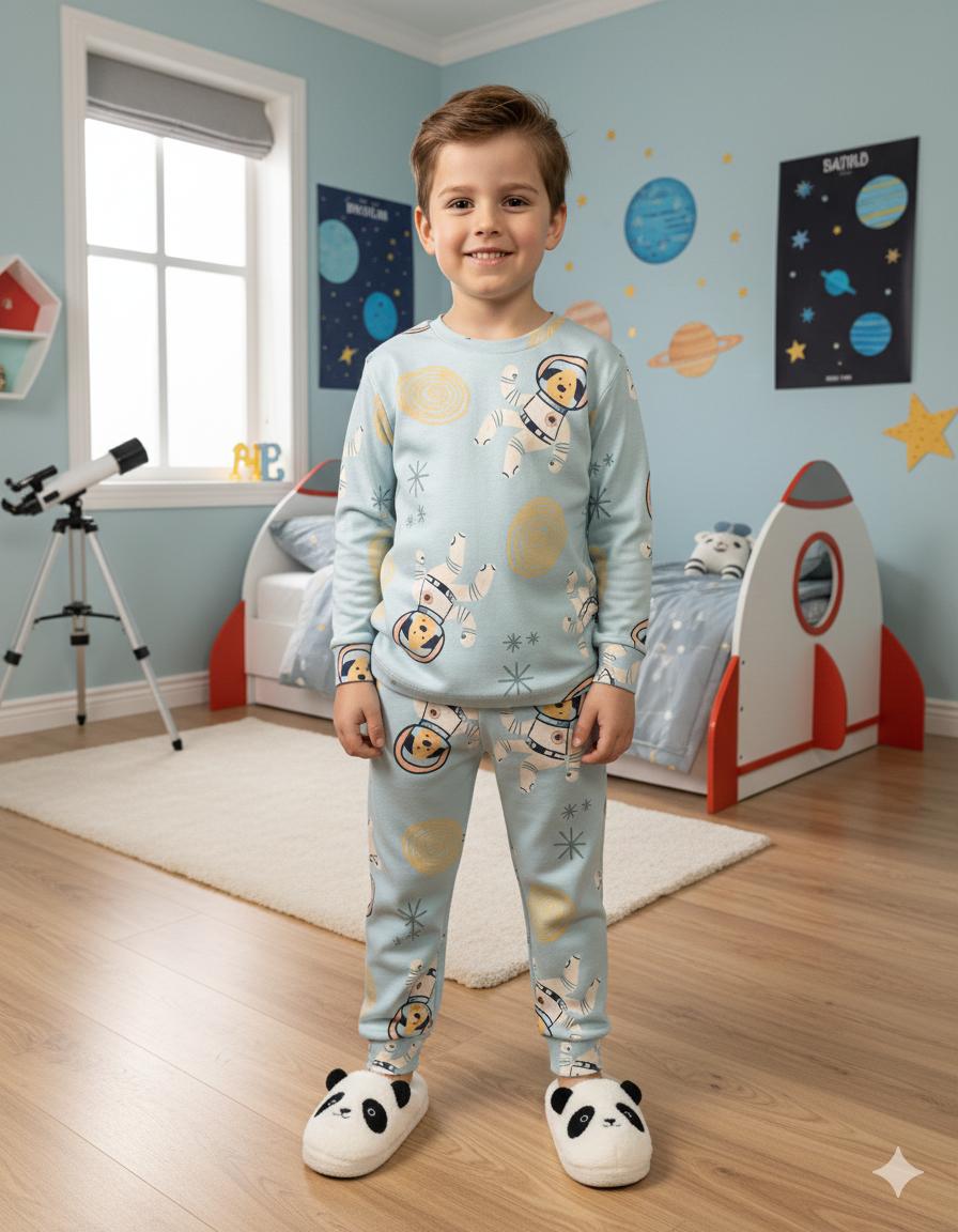 İSOB Astronot Köpüş Desenli İnterlok %100 Pamuk Erkek Çocuk Pijama Takımı 3-13 Yaş 42008