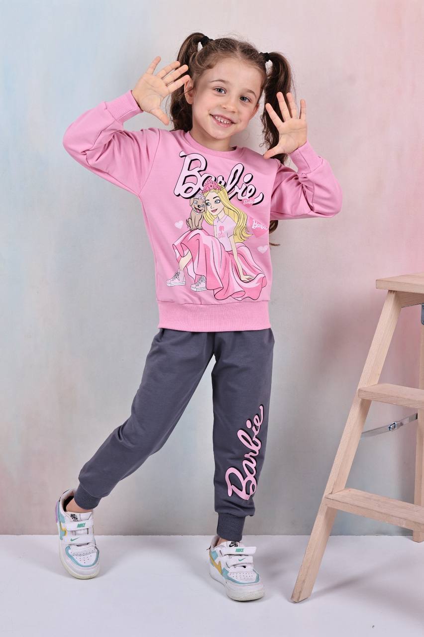 PJK2İ Barbie Desenli 2 İp %100 Pamuk Kız Çocuk Eşofman Takımı 3-10 Yaş 8119