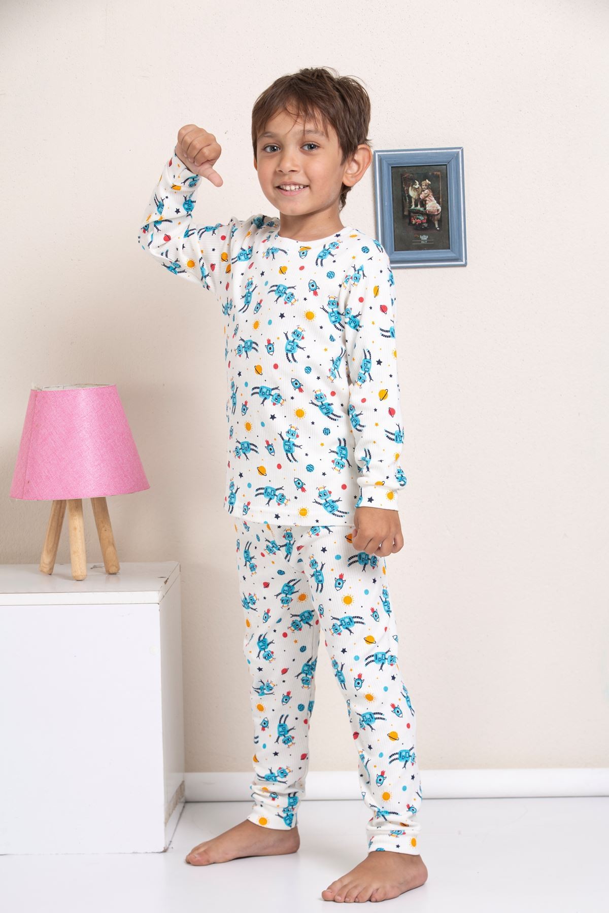 ELMP Ekru Robot Desenli Fitilli Kumaş %100 Pamuk Erkek Çocuk Pijama Takımı 1-13 Yaş 3052