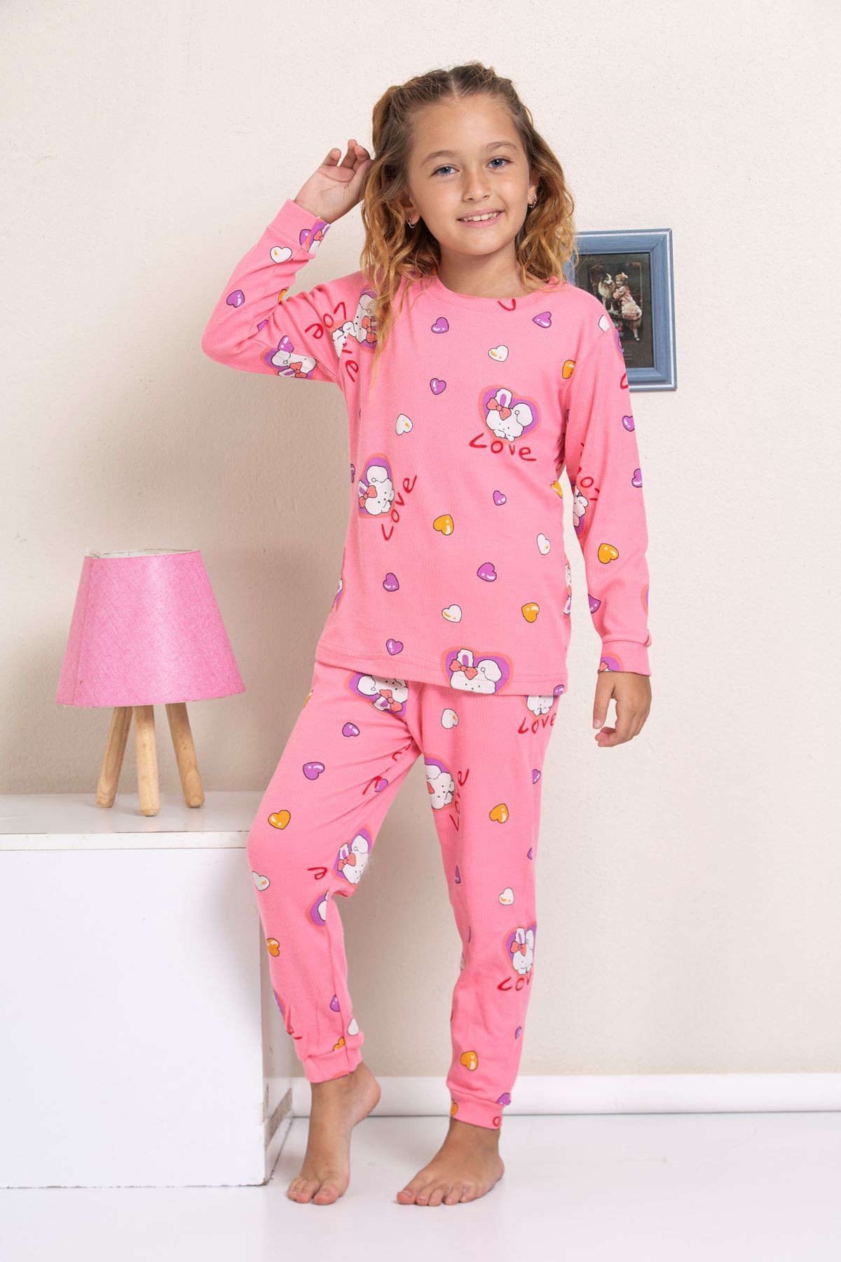 ELMP Pembe Kalpli Tavşancık Desenli Fitilli Kumaş %100 Pamuk Kız Çocuk Pijama Takımı 1-13 Yaş 4054