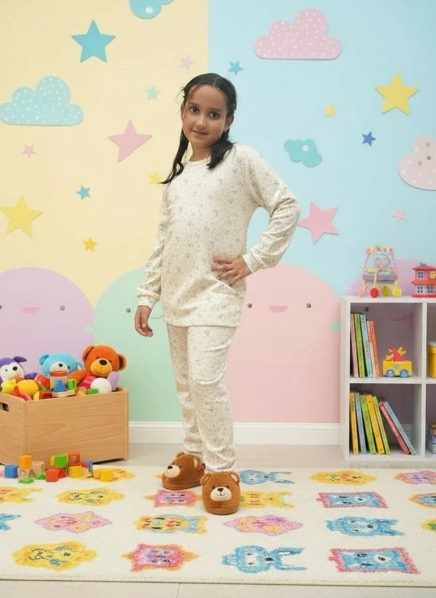 YAĞMUR Mavi Miniş Tavşan Desenli %100 Pamuk Fitilli Kumaş Kız Çocuk Pijama Takımı 3-12 Yaş 1001