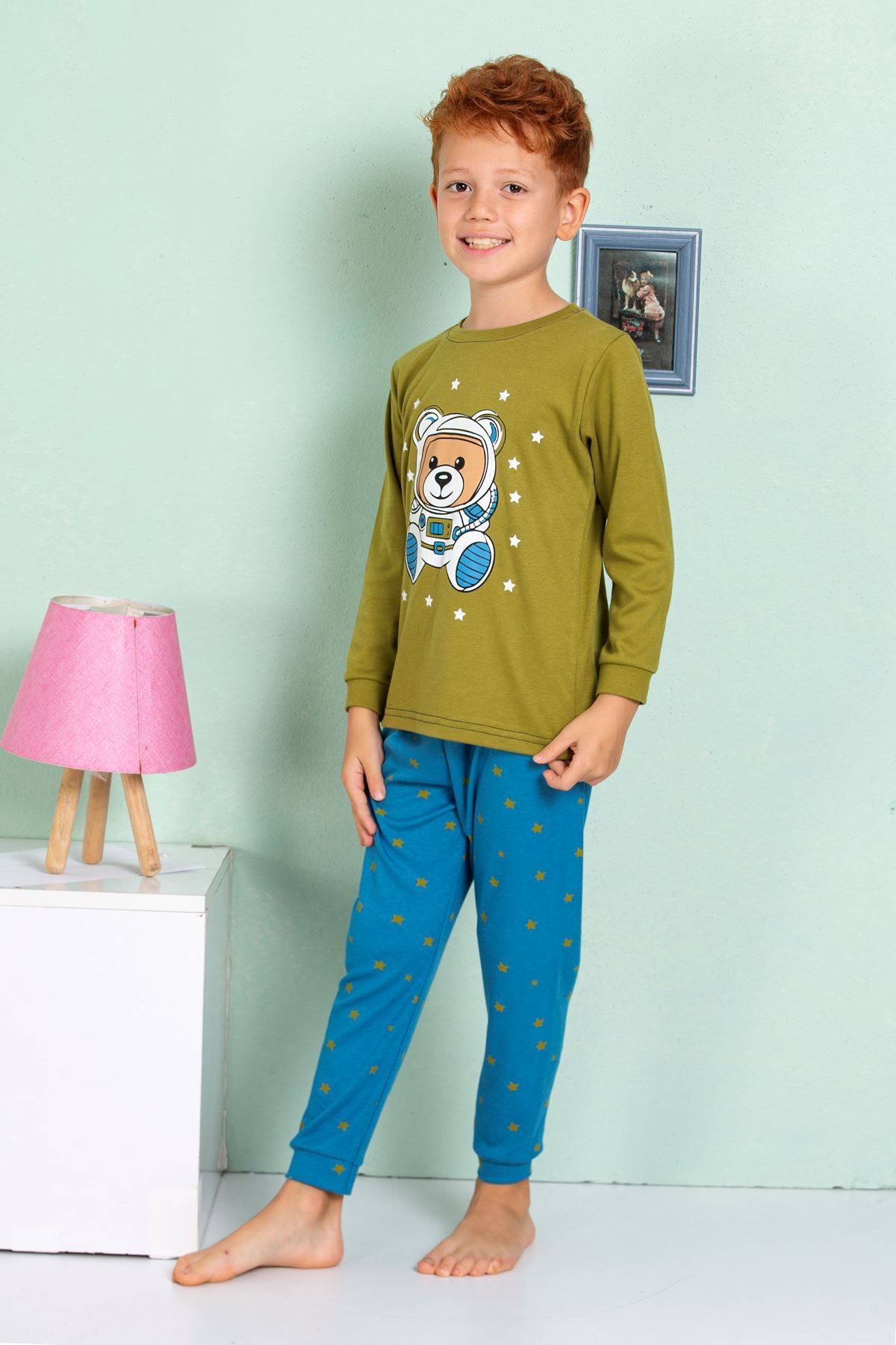 ELMP Yeşil Astronot Ayıcık Desenli %100 Pamuk Erkek Çocuk Pijama Takımı 1-13 Yaş 3061