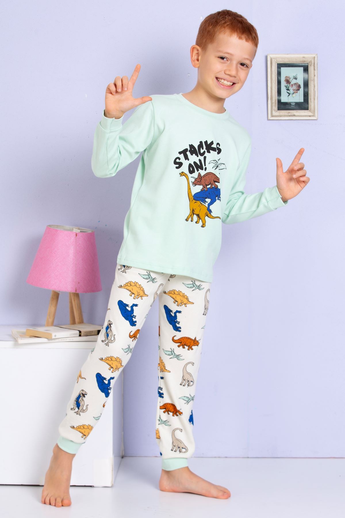 ELMP Yeşil Dinazor Desenli %100 Pamuk Erkek Çocuk Pijama Takımı 1-9 Yaş 3071