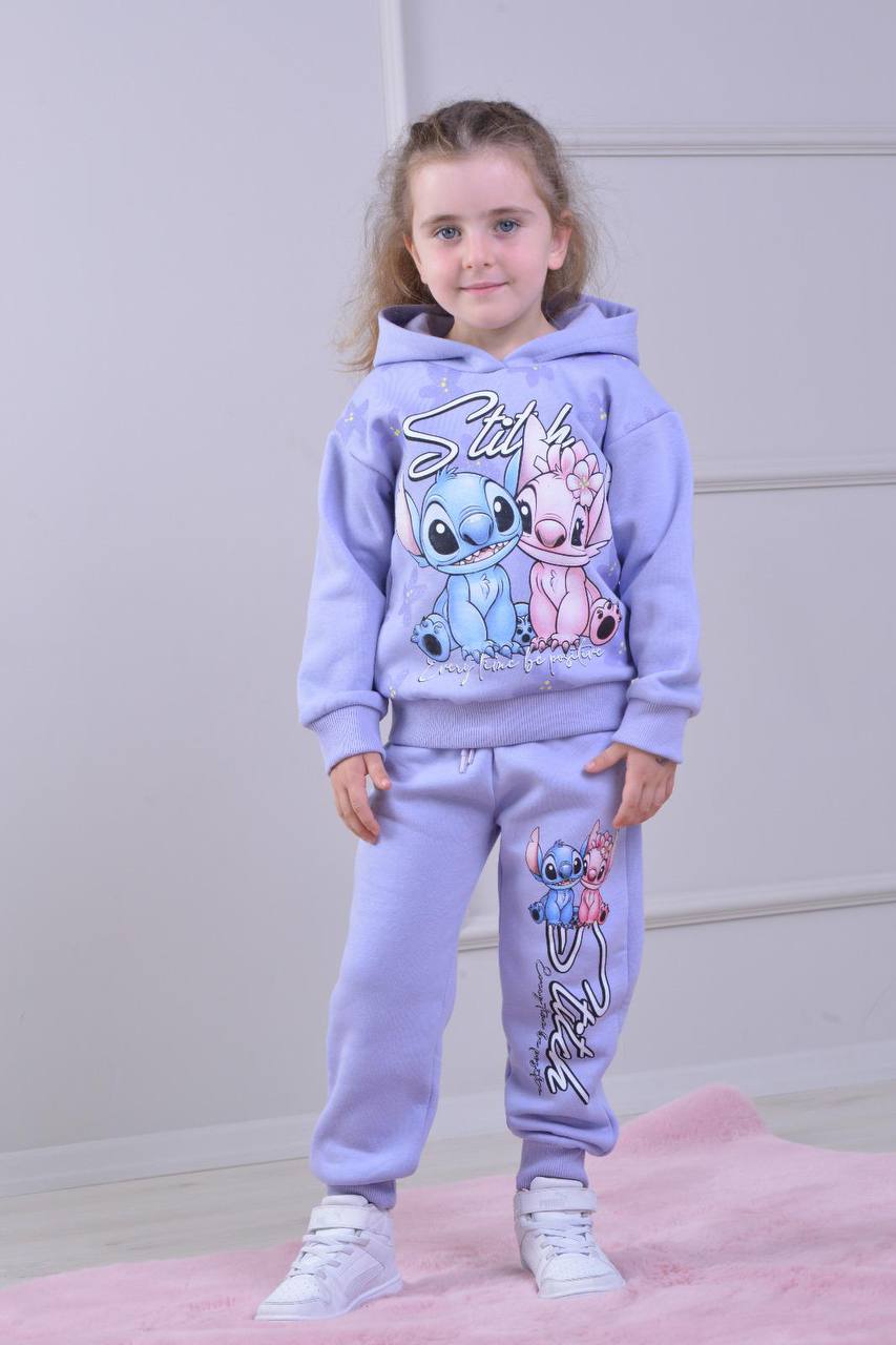 PJK3İ Stittcch Desenli 3 İp Şardonlu Kapşonlu %100 Pamuk Kız Çocuk Eşofman Takımı 3-10 Yaş 8255 - LİLA