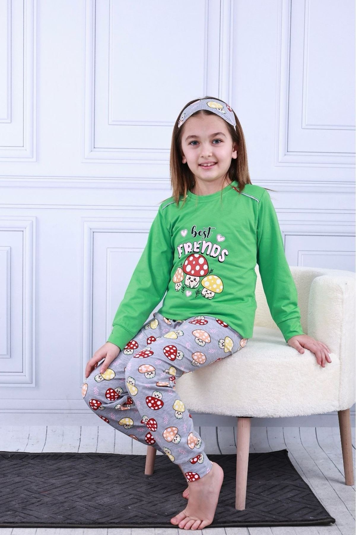 KAPİP Yeşil Mantar Baskılı Uzun Kollu Kız Çocuk Pijama Takımı 11-15 Yaş 8027-Y
