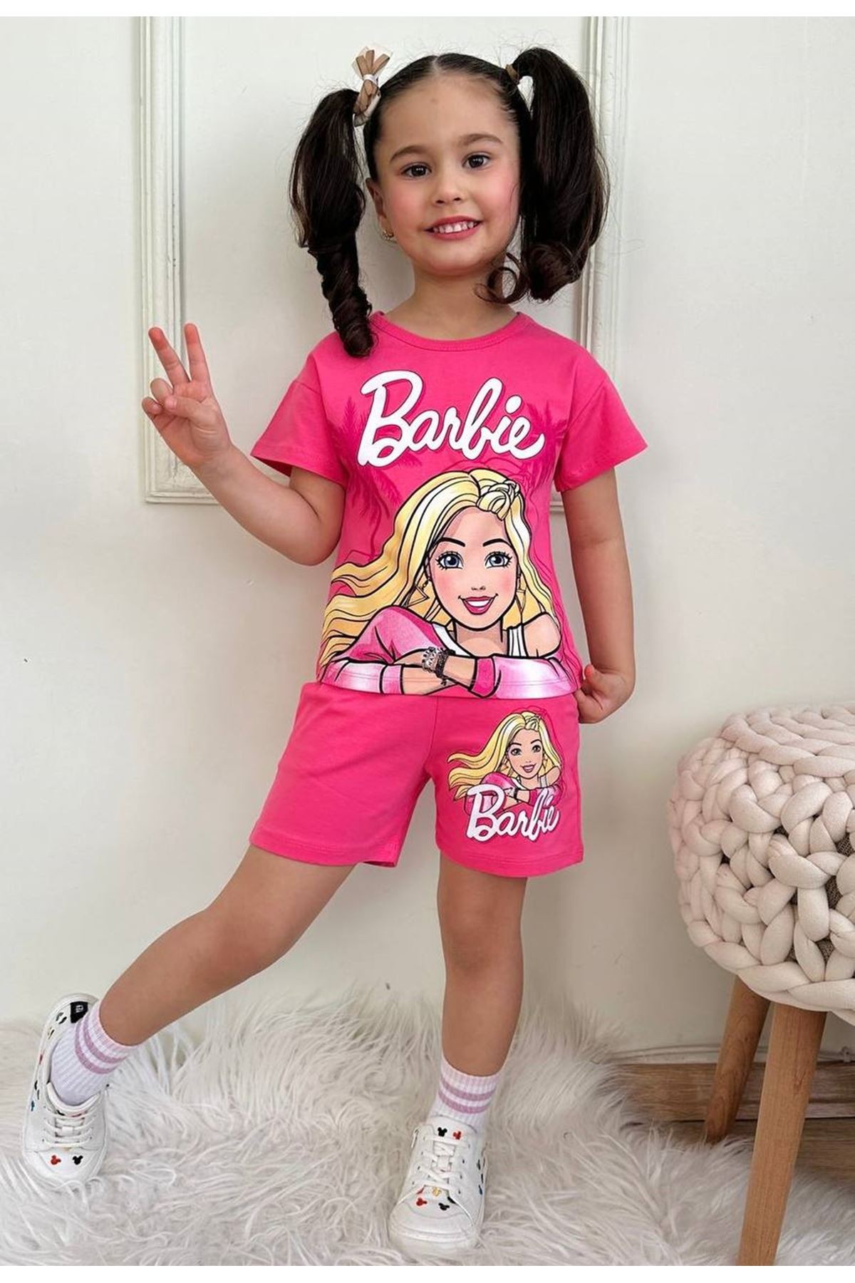 PJKSKT Barbie Desenli Fuşya Şortlu Kız Çocuk Kısa Kol Takım 7565-F