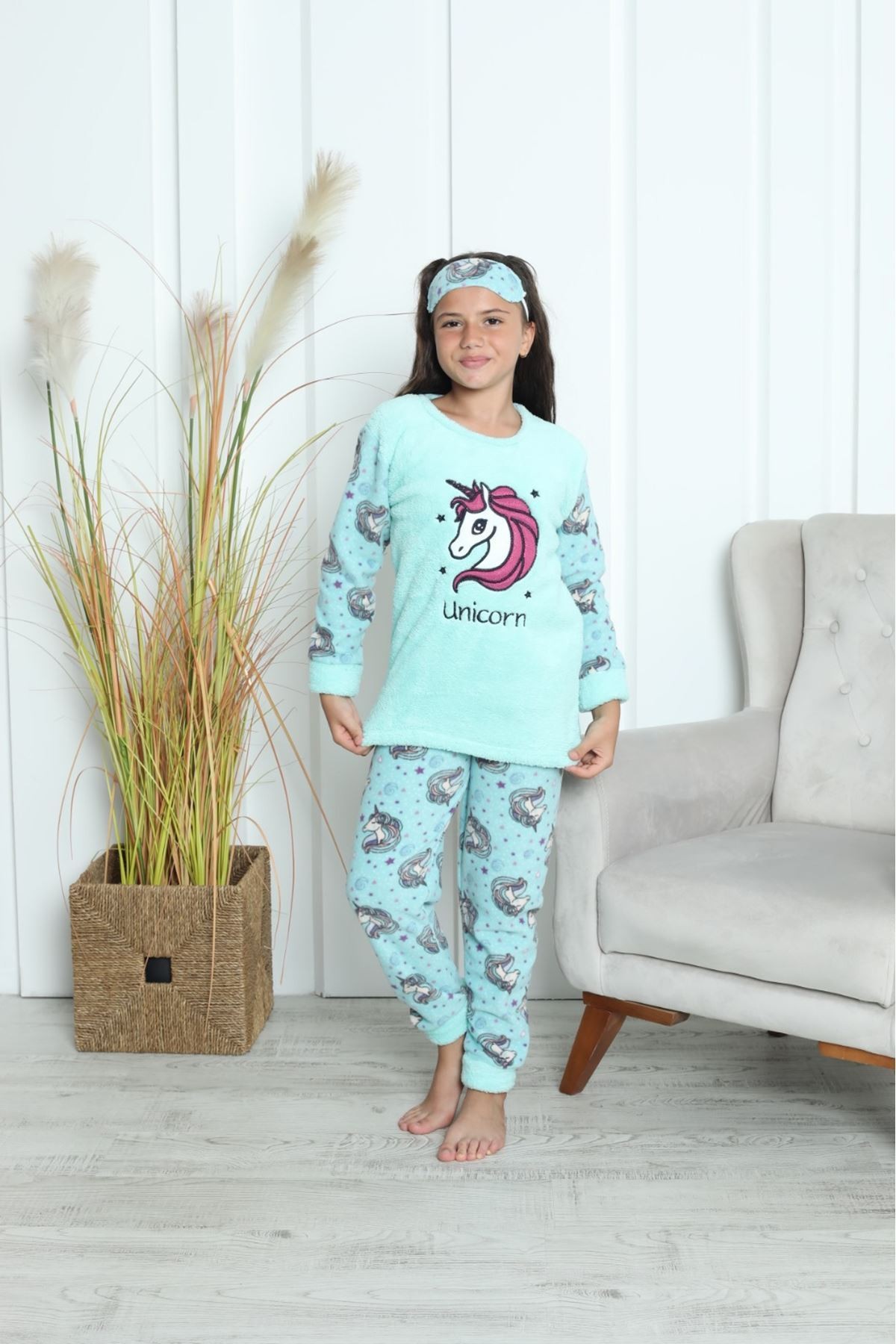 MİNİM Mavi Unicorn Polar Kız Çocuk Pijama Takımı 5-16 Yaş 7005-M