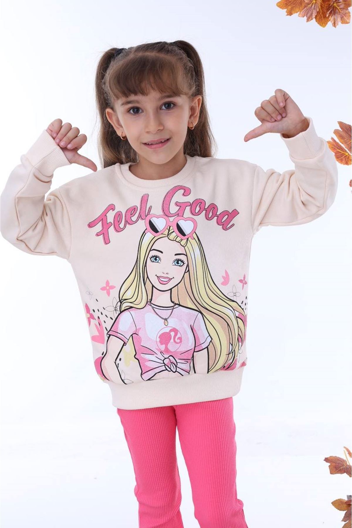 PJK2İ Barbie Desenli Fuşya Fitilli Taytlı 2 İp %100 Pamuk Kız Çocuk Takımı 3-10 Yaş 7226-F