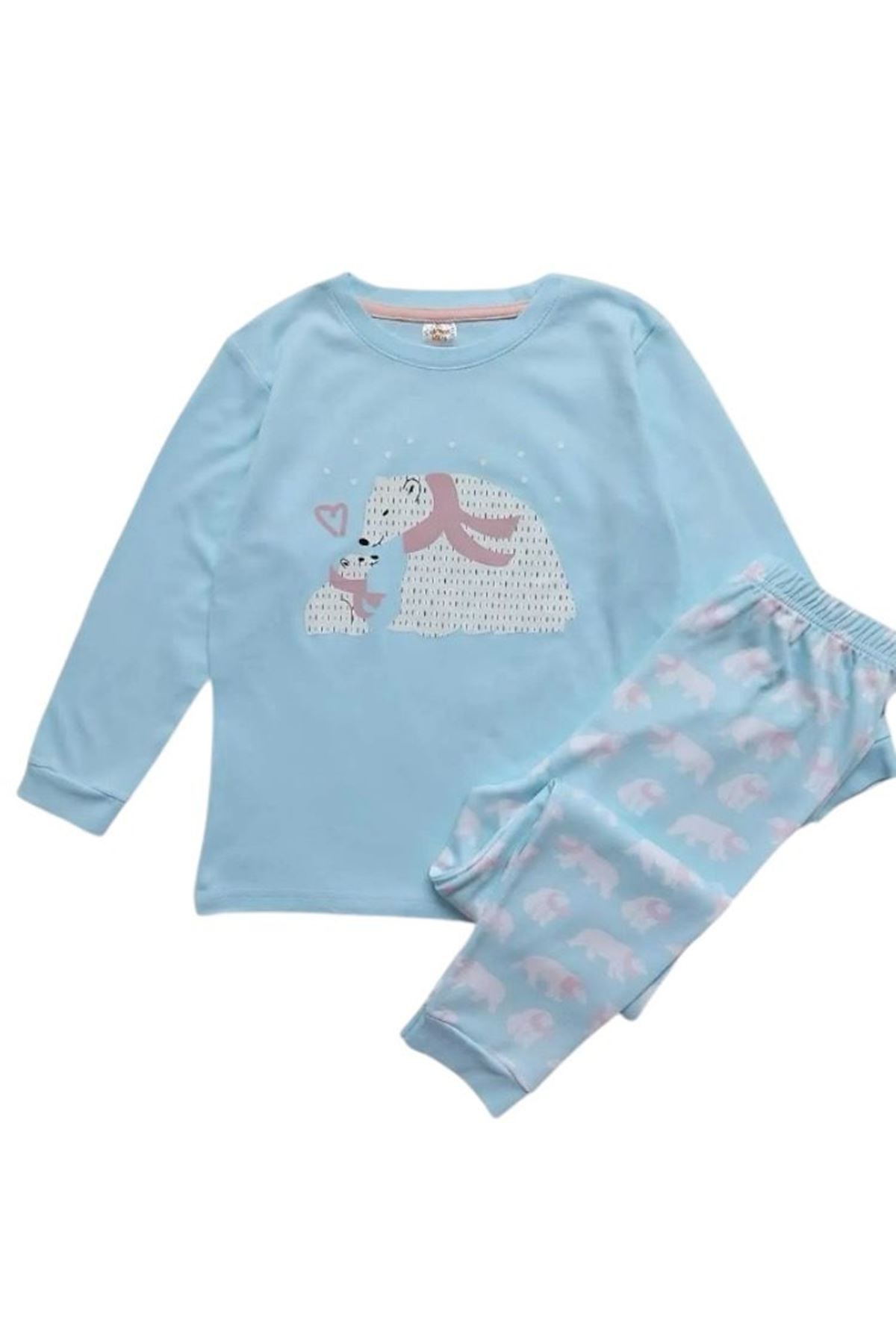 *ELMP Açık Mavi Anne-Yavru Ayıcıklı %100 Pamuk Kız Çocuk Pijama Takımı 1-13 Yaş 4001