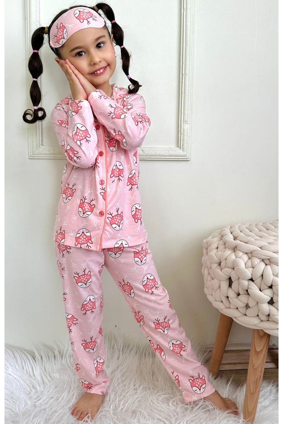 PJKÖ Geyikcik Desenli Pembe Uzun Kollu Önden Düğmeli Kız Çocuk Pijama Takımı 4-12 Yaş 541U-P