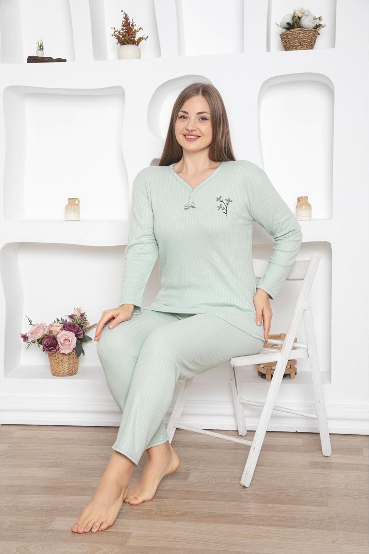 MLALE Yeşil İnce Fitilli Raporlu İnterlok Bayan Pijama Takımı 4082-Y