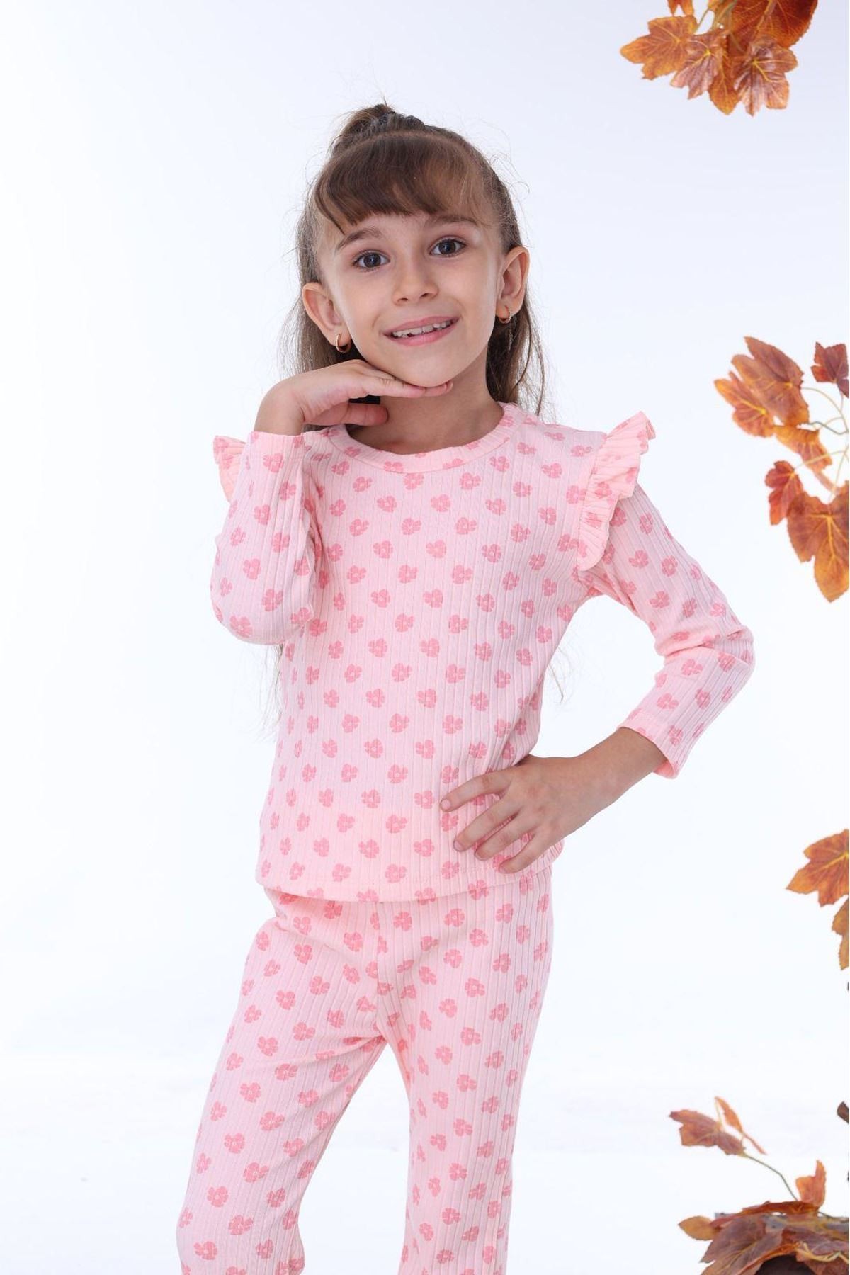 PJK2İ Papatya Desenli Pembe Fitilli 2 İp %100 Pamuk Kız Çocuk Takımı 3-10 Yaş 7207-P