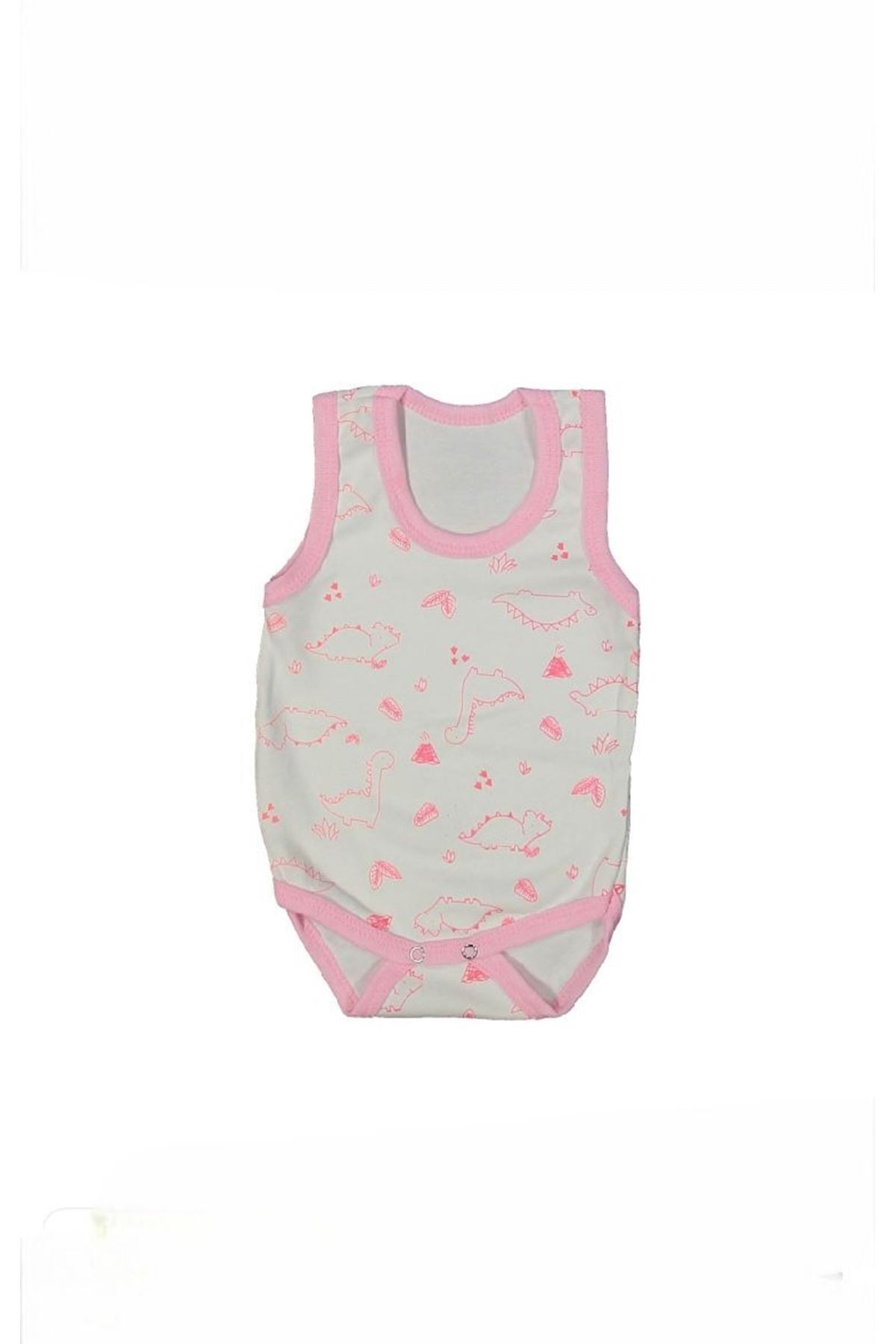 %100 Pamuk Geniş Askılı Dinazorlu Çıtçıtlı Bebe Zıbın 0-36 Ay Pembe 118755-P