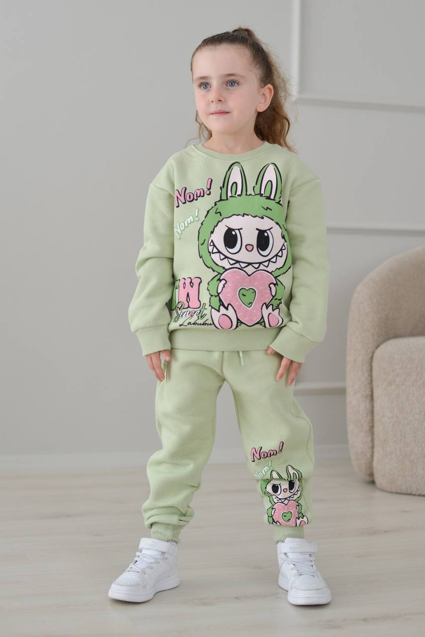 PJK3İ Labubu Desenli 3 İp Şardonlu %100 Pamuk Kız Çocuk Eşofman Takımı 3-10 Yaş 8242