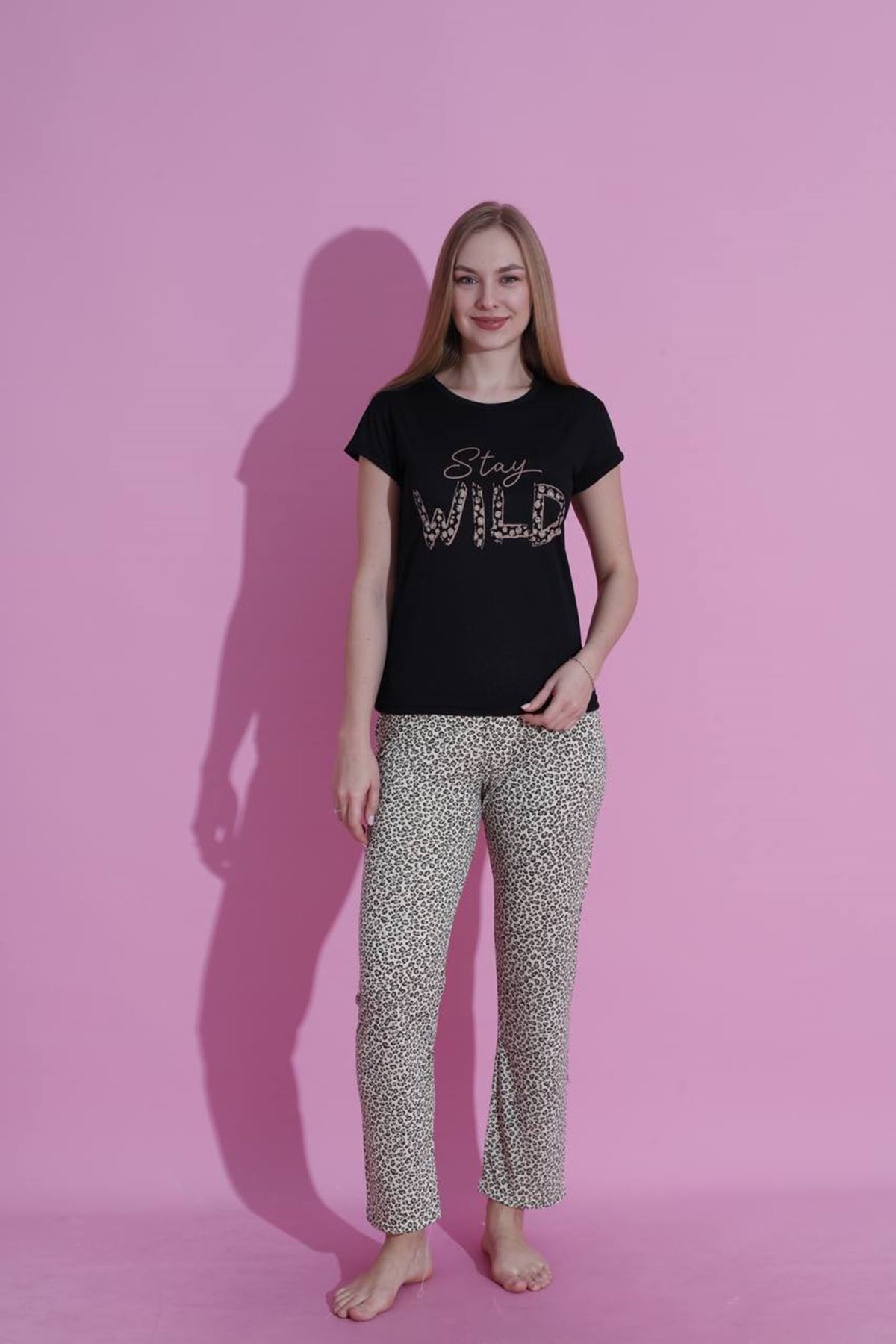 MLALE Stay Wıld Desenli Suprem Kumaş Kısa Kollu Bayan Pijama Takımı 3442-S