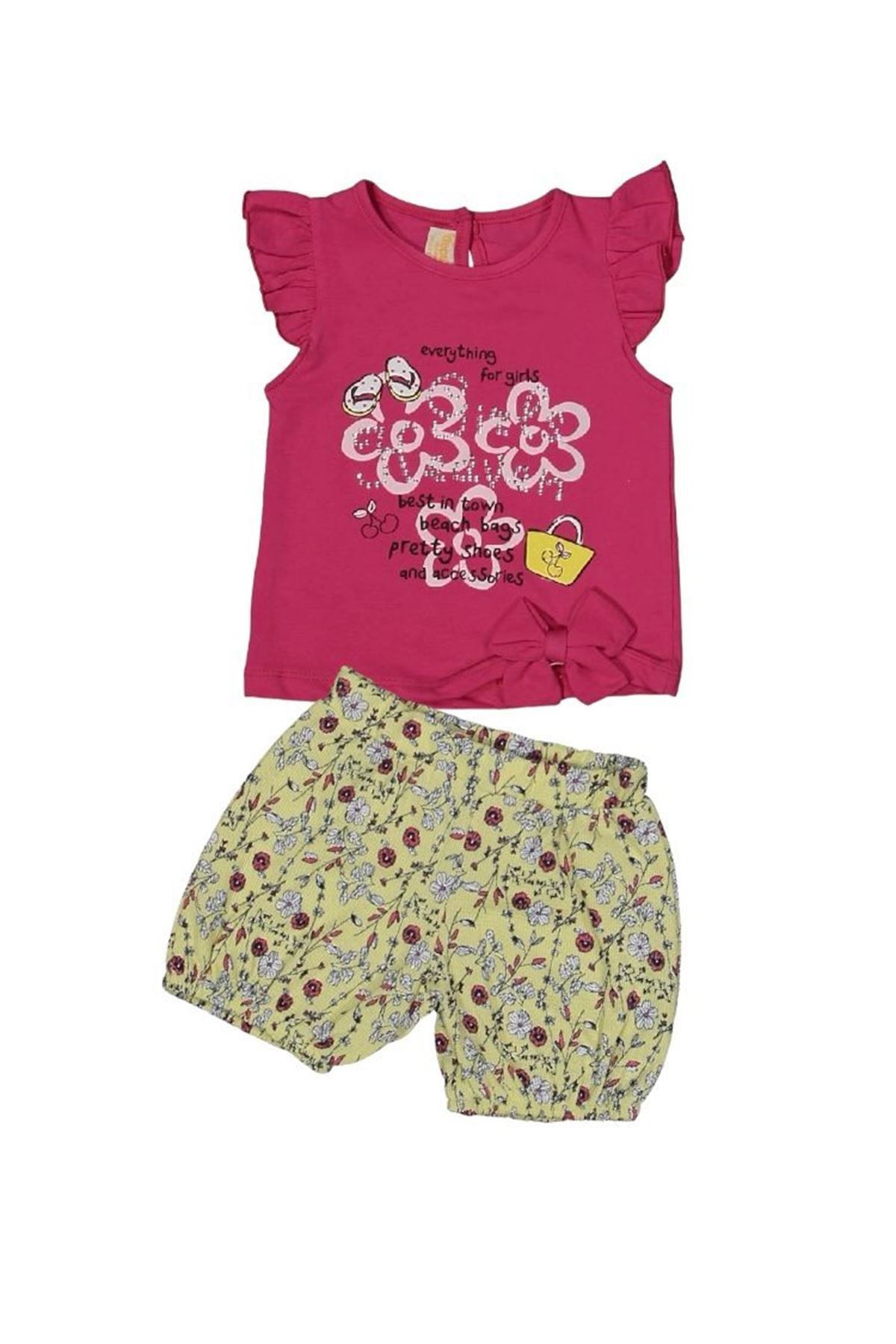 Taşlı Çiçekli Şortlu Kız Bebek Takım Fuşya 9-24 Ay 25149-F