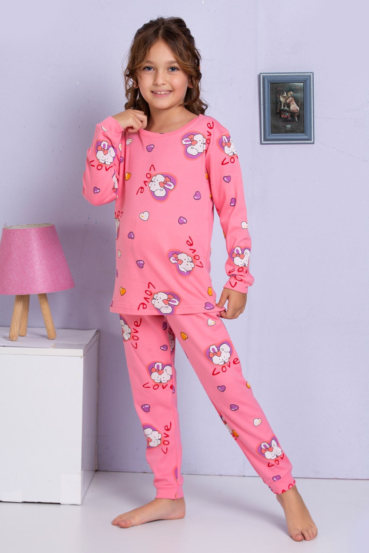ELMP Pembe Kalpli Tavşancık Desenli %100 Pamuk Kız Çocuk Pijama Takımı 1-13 Yaş 4058