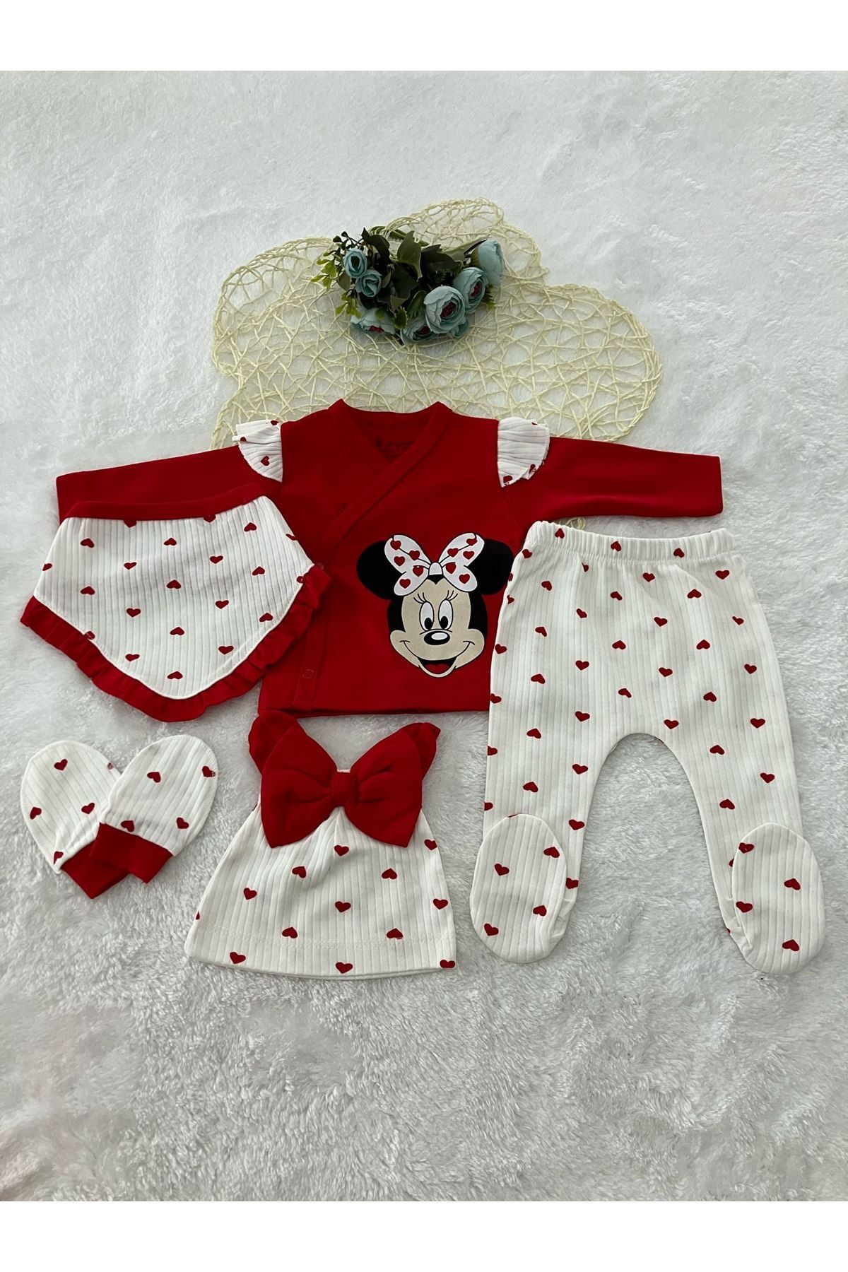 %100 Pamuk Minnie Kalpli Kırmızı 5 Parça Hastane Çıkışı Seti 2048