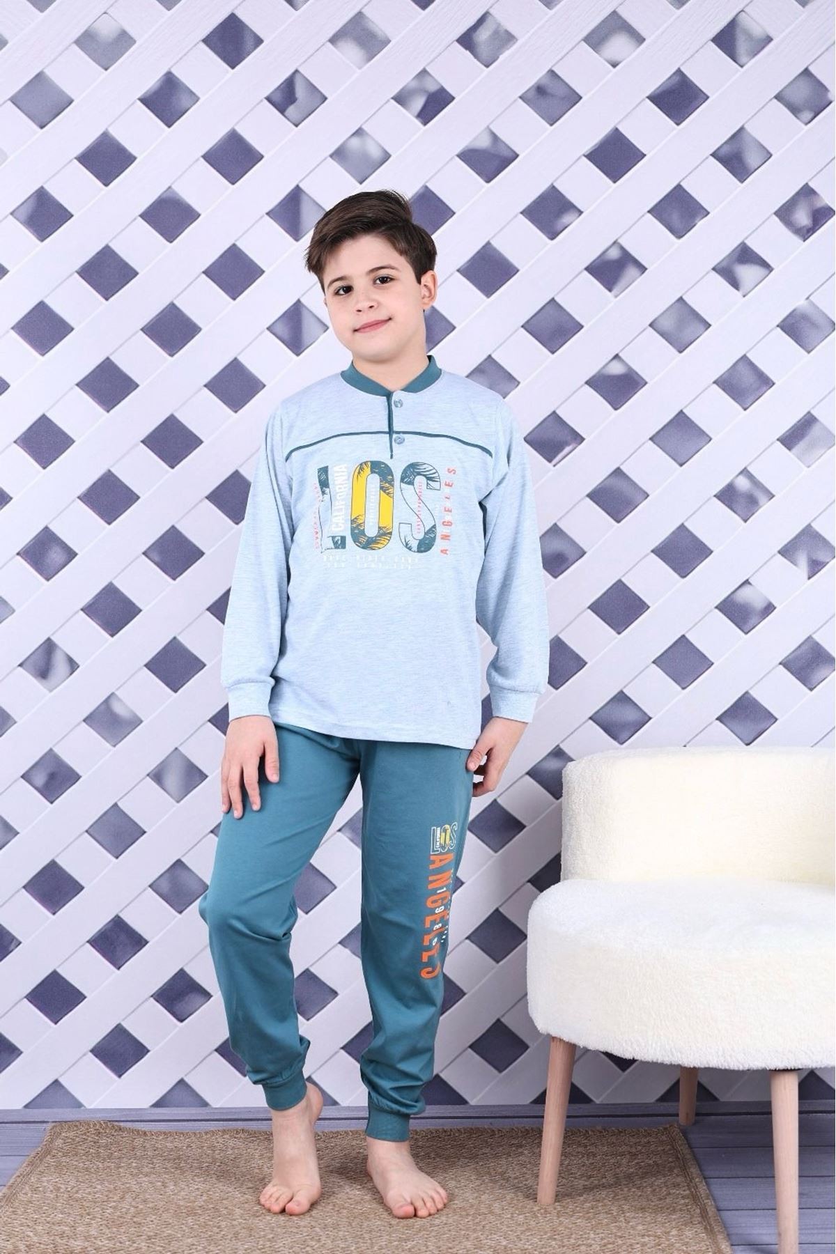 KAPİP Açık Yeşil California Baskılı Uzun Kollu Erkek Çocuk Pijama Takımı 11-15 Yaş 7023-AY