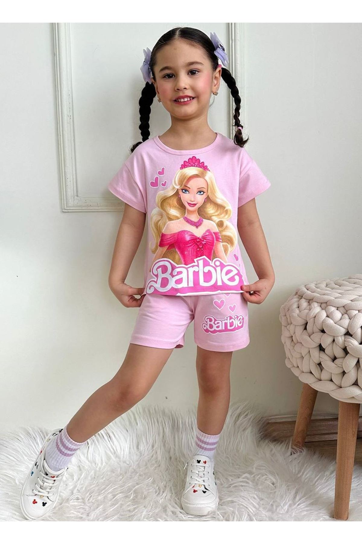 PJKSKT Barbie Desenli Pembe Şortlu Kız Çocuk Kısa Kol Takım 7553-P