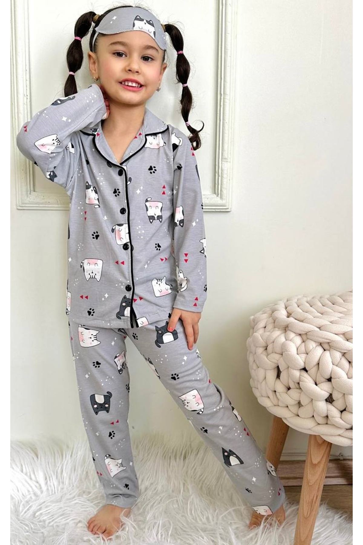 PJKÖ Kedicik Desenli Gri Uzun Kollu Önden Düğmeli Kız Çocuk Pijama Takımı 4-12 Yaş 540U-L