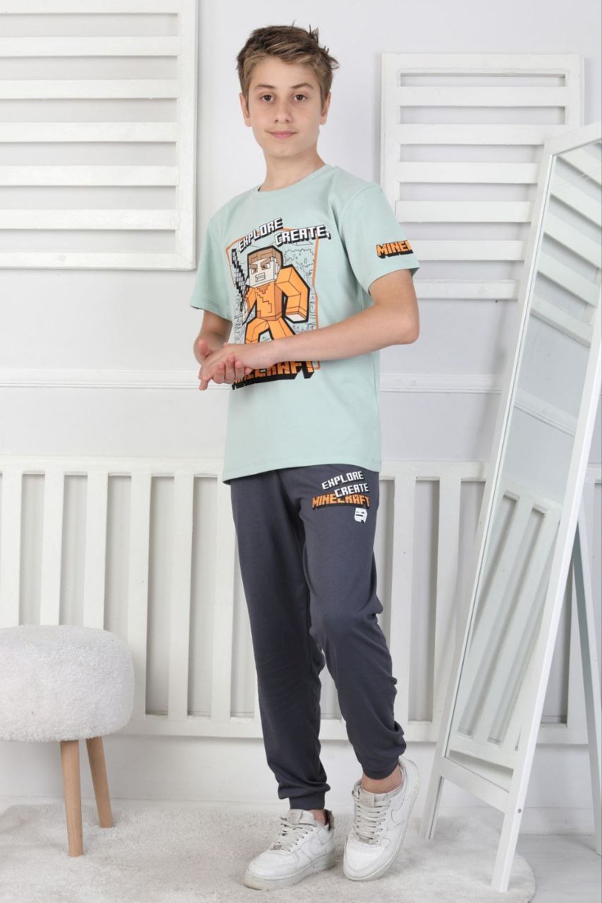 İSOB Yeşil Minec Desenli %100 Pamuk Kısa Kollu Erkek Çocuk Pijama Takımı 8-13 Yaş 41512-Y